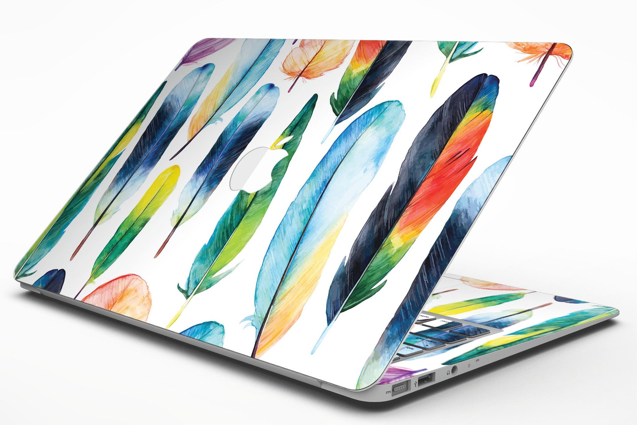 Bright Water Color Painted Feather skin for MacBook Air, showcasing vibrant colors and artistic feather design.