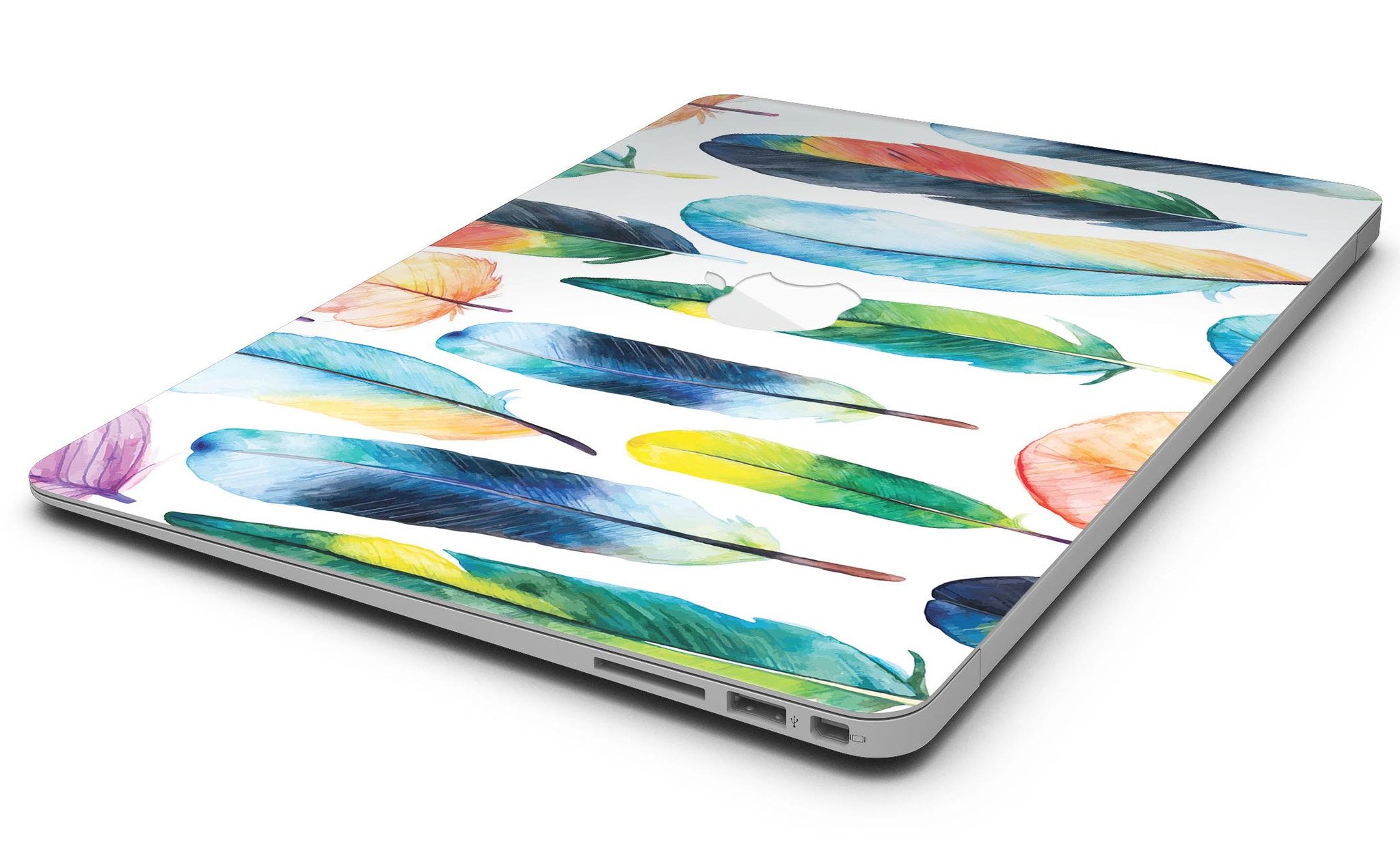 Bright Water Color Painted Feather skin for MacBook Air, showcasing vibrant colors and artistic feather design.