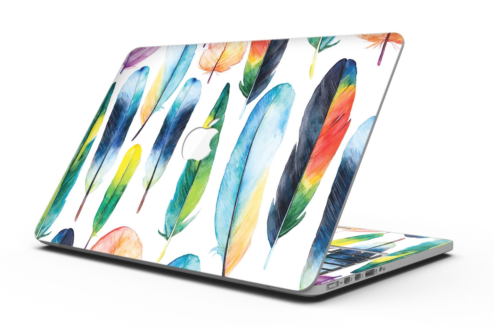 Bright Water Color Painted Feather skin for MacBook Pro with Retina Display, showcasing vibrant colors and intricate feather design.