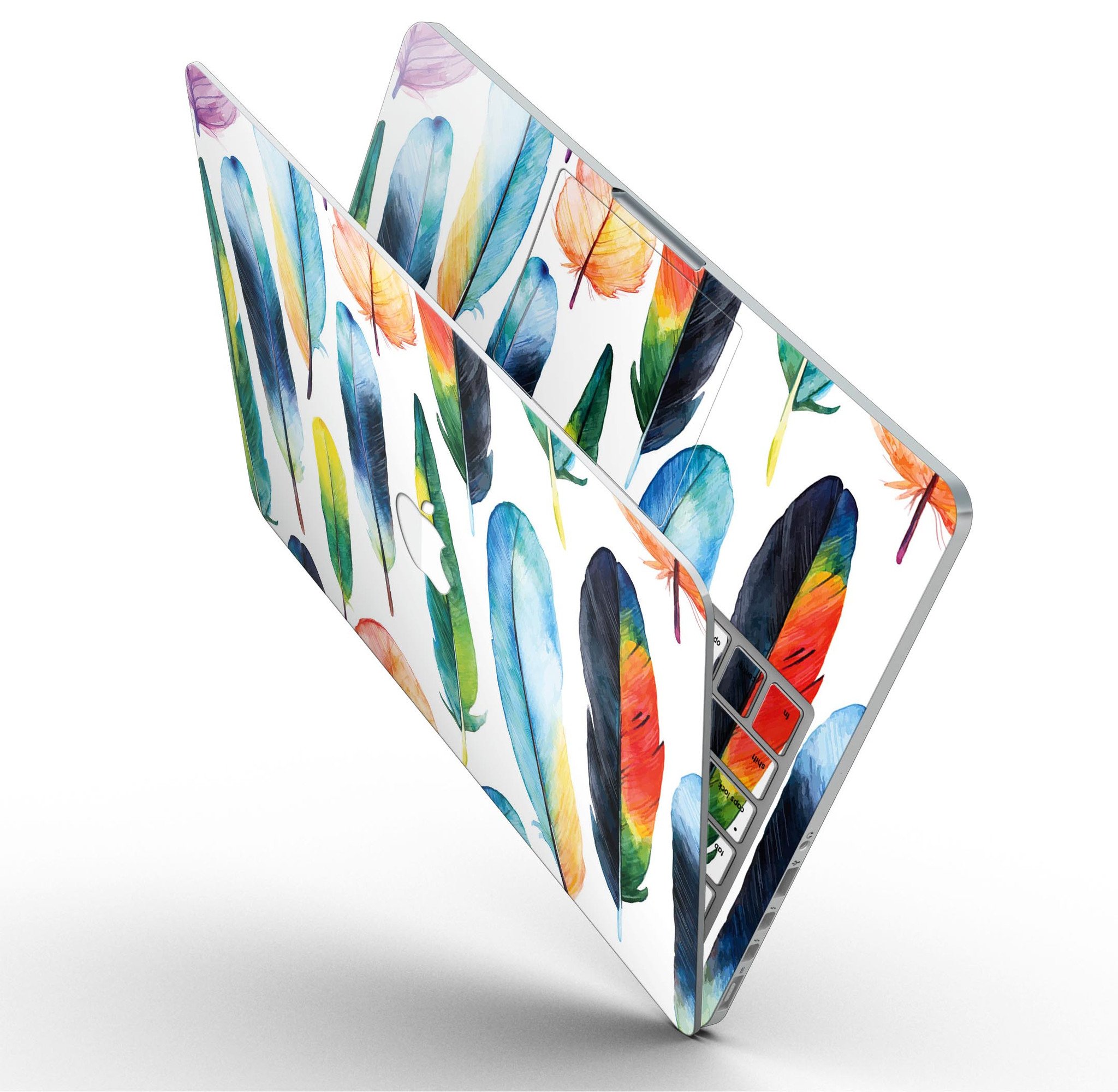 Bright Water Color Painted Feather skin for MacBook Pro with Retina Display, showcasing vibrant colors and intricate feather design.