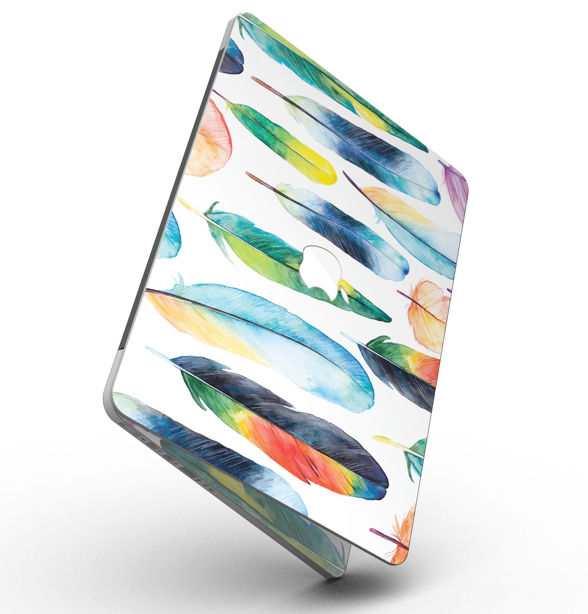 Bright Water Color Painted Feather skin for MacBook Pro with Retina Display, showcasing vibrant colors and intricate feather design.