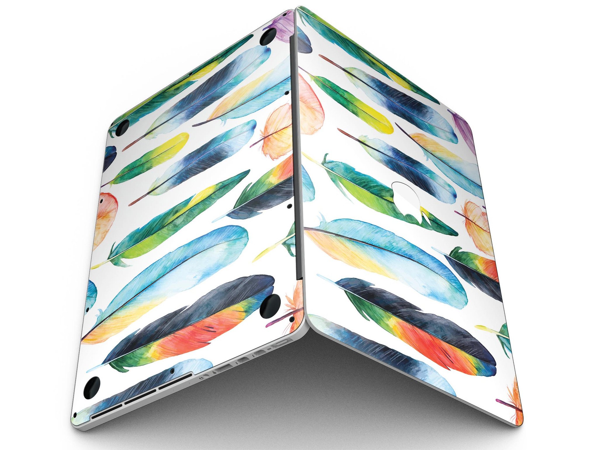 Bright Water Color Painted Feather skin for MacBook Pro with Retina Display, showcasing vibrant colors and intricate feather design.