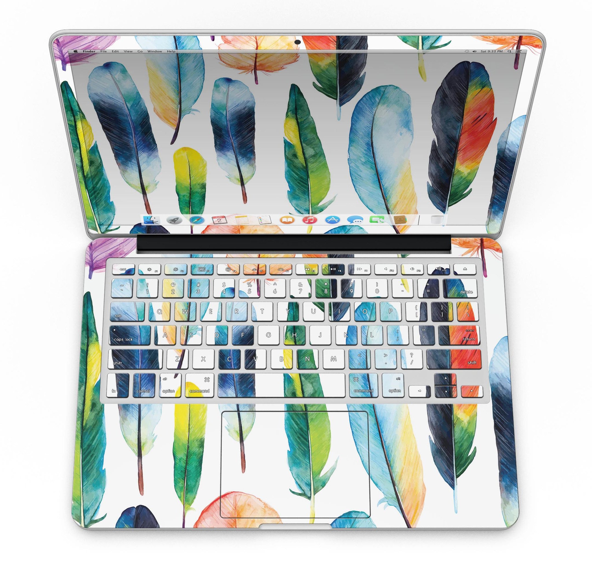 Bright Water Color Painted Feather skin for MacBook Pro with Retina Display, showcasing vibrant colors and intricate feather design.