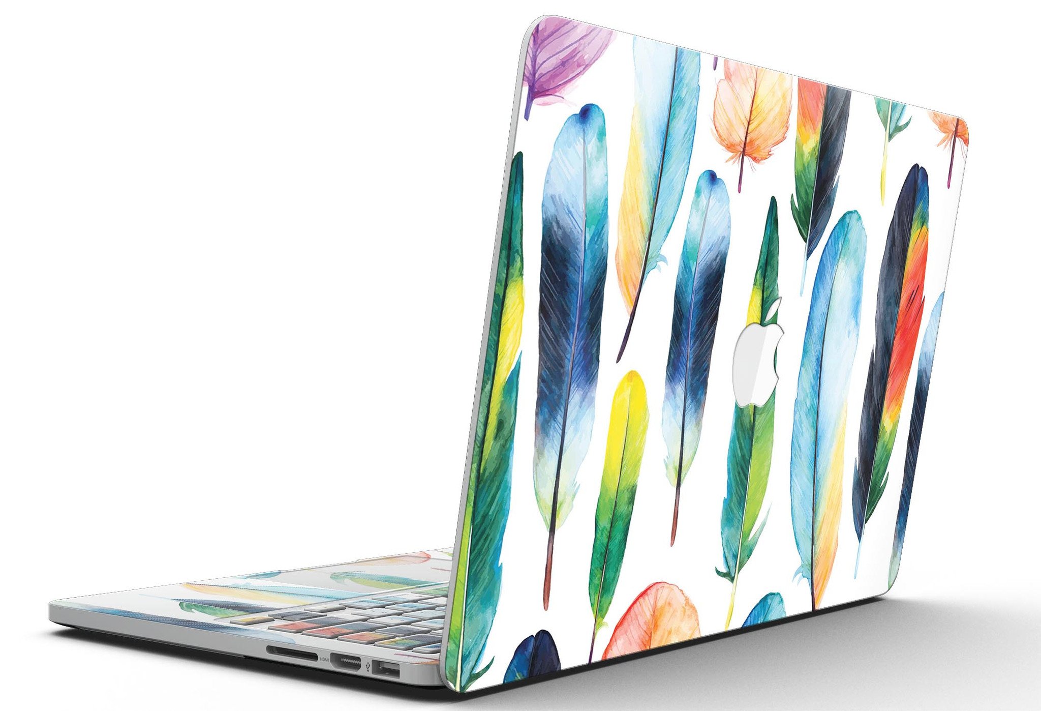 Bright Water Color Painted Feather skin for MacBook Pro with Retina Display, showcasing vibrant colors and intricate feather design.