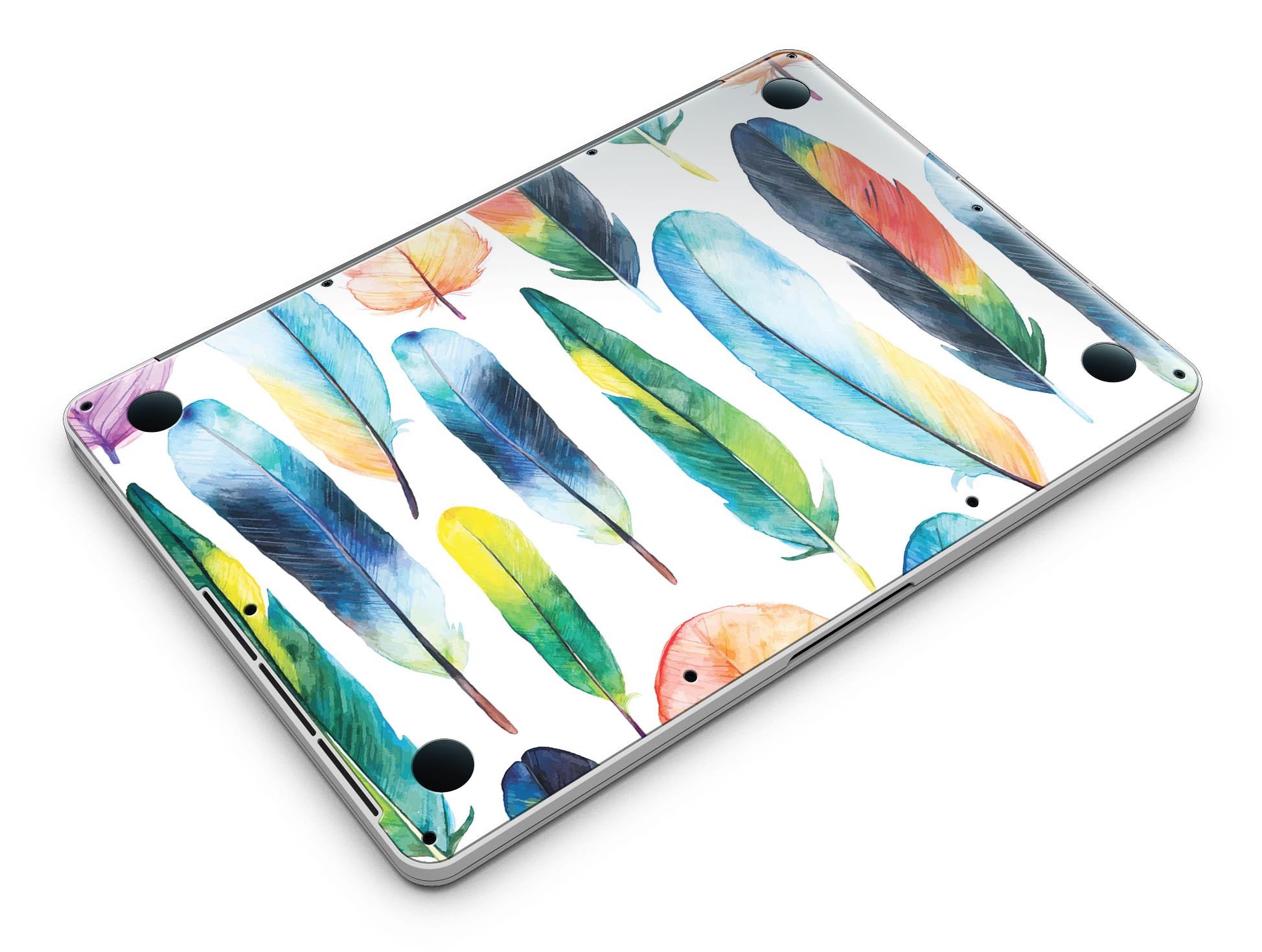 Bright Water Color Painted Feather skin for MacBook Pro with Retina Display, showcasing vibrant colors and intricate feather design.