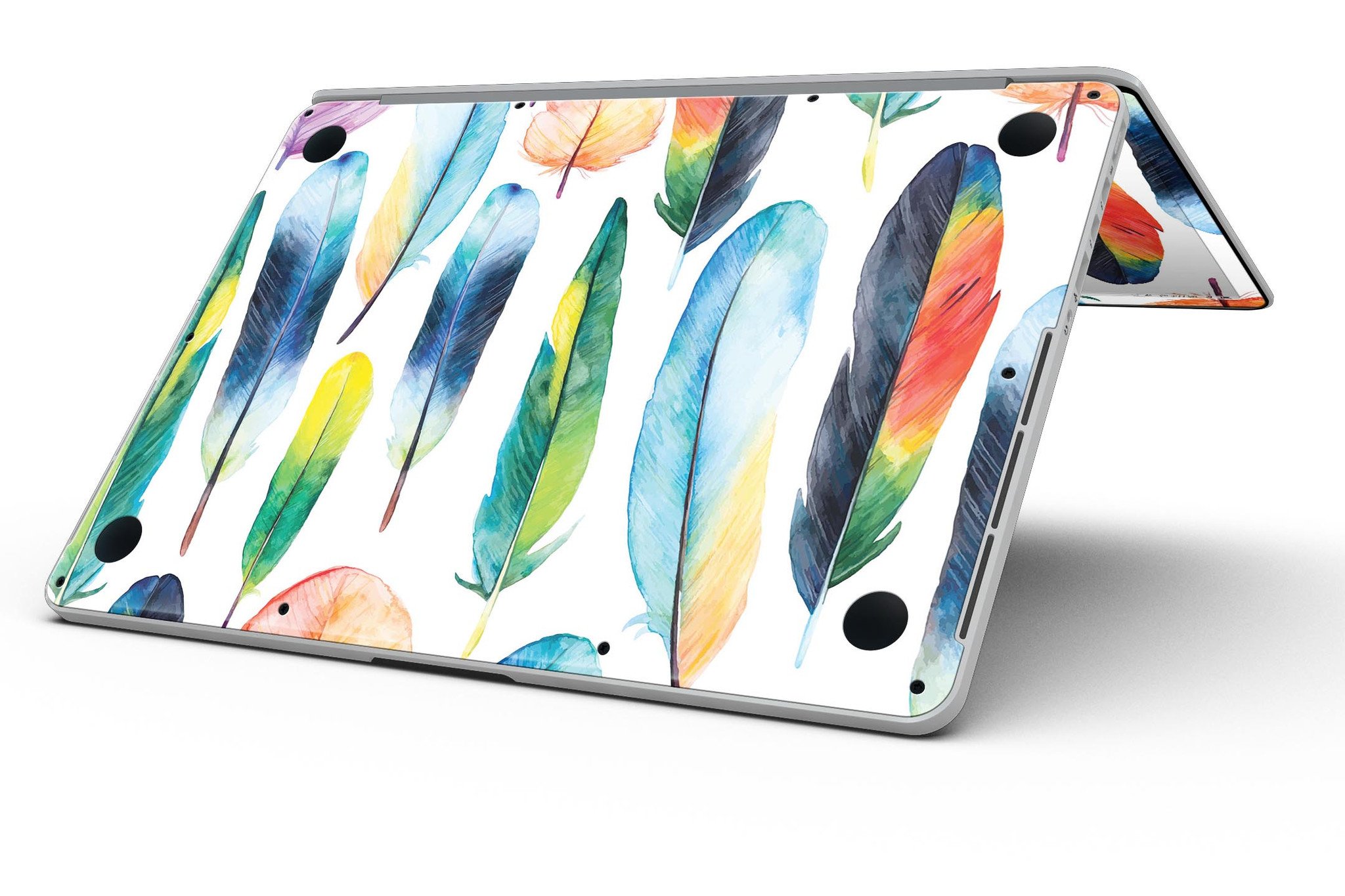 Bright Water Color Painted Feather skin for MacBook Pro with Retina Display, showcasing vibrant colors and intricate feather design.