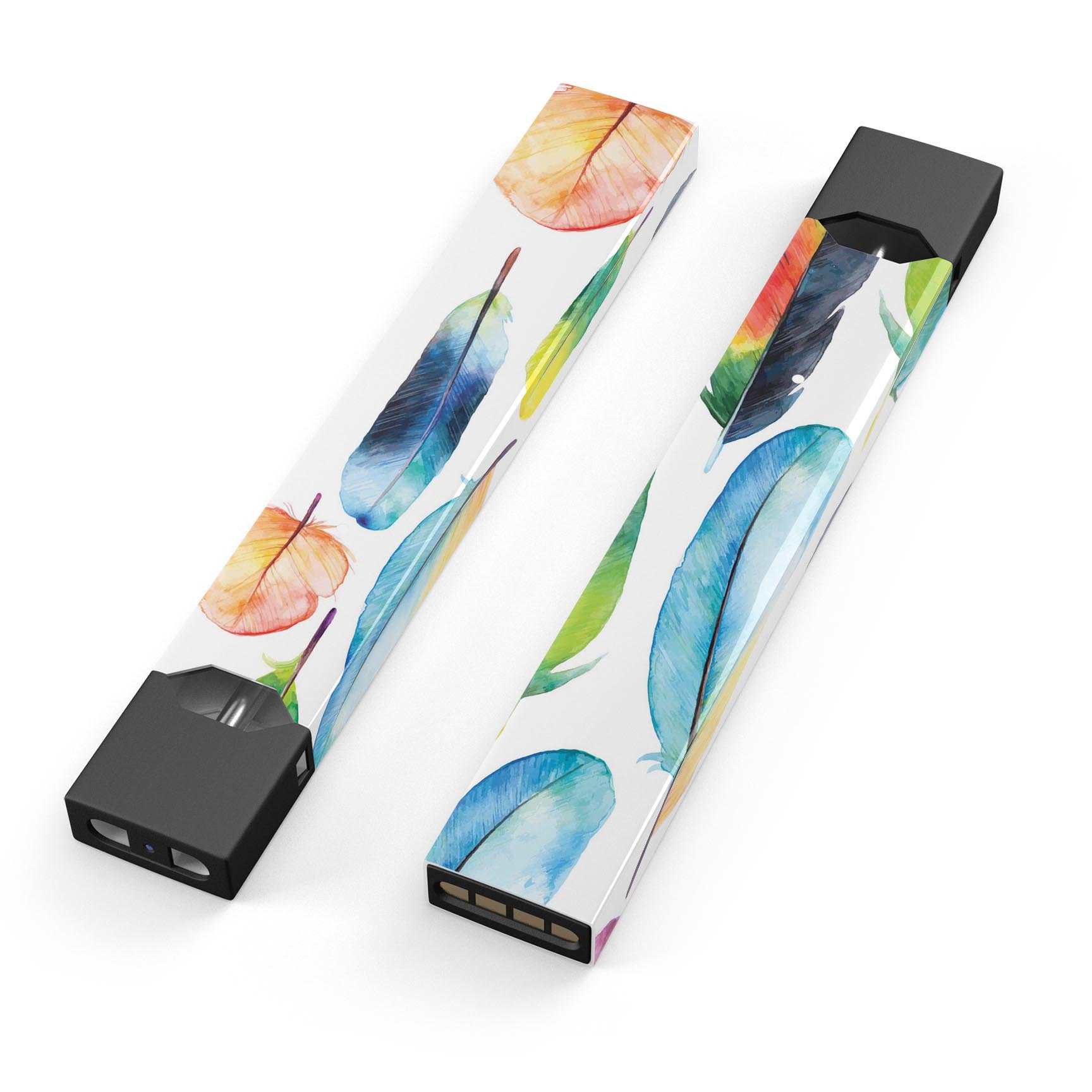 Bright Water Color Painted Feather decal for JUUL device, showcasing vibrant colors and intricate feather design.