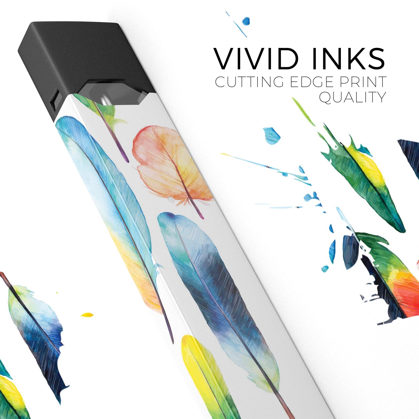 Bright Water Color Painted Feather decal for JUUL device, showcasing vibrant colors and intricate feather design.