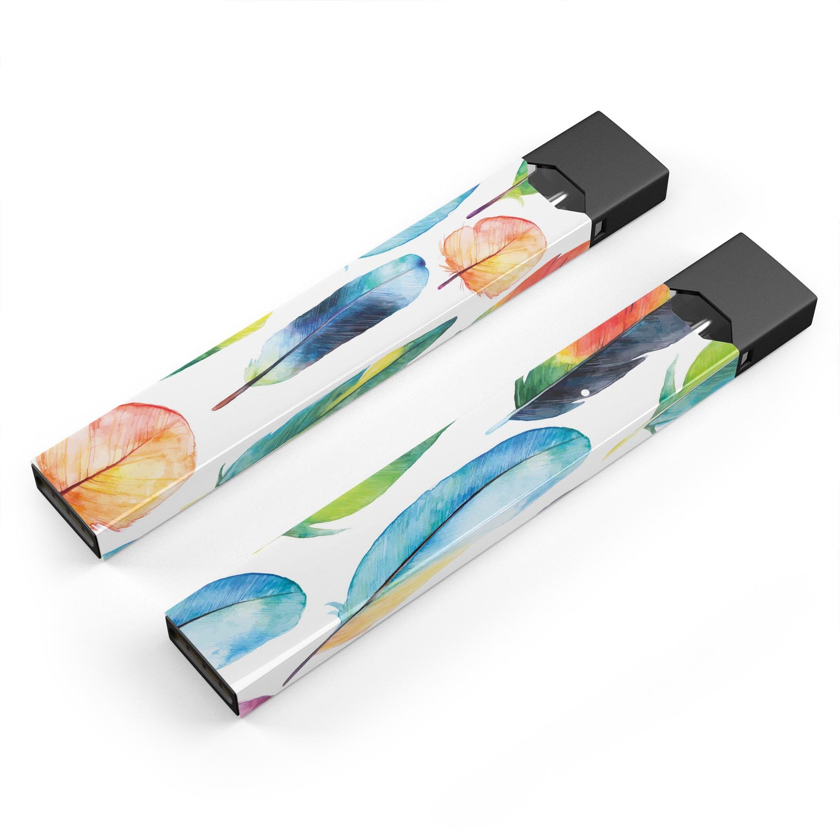 Bright Water Color Painted Feather decal for JUUL device, showcasing vibrant colors and intricate feather design.