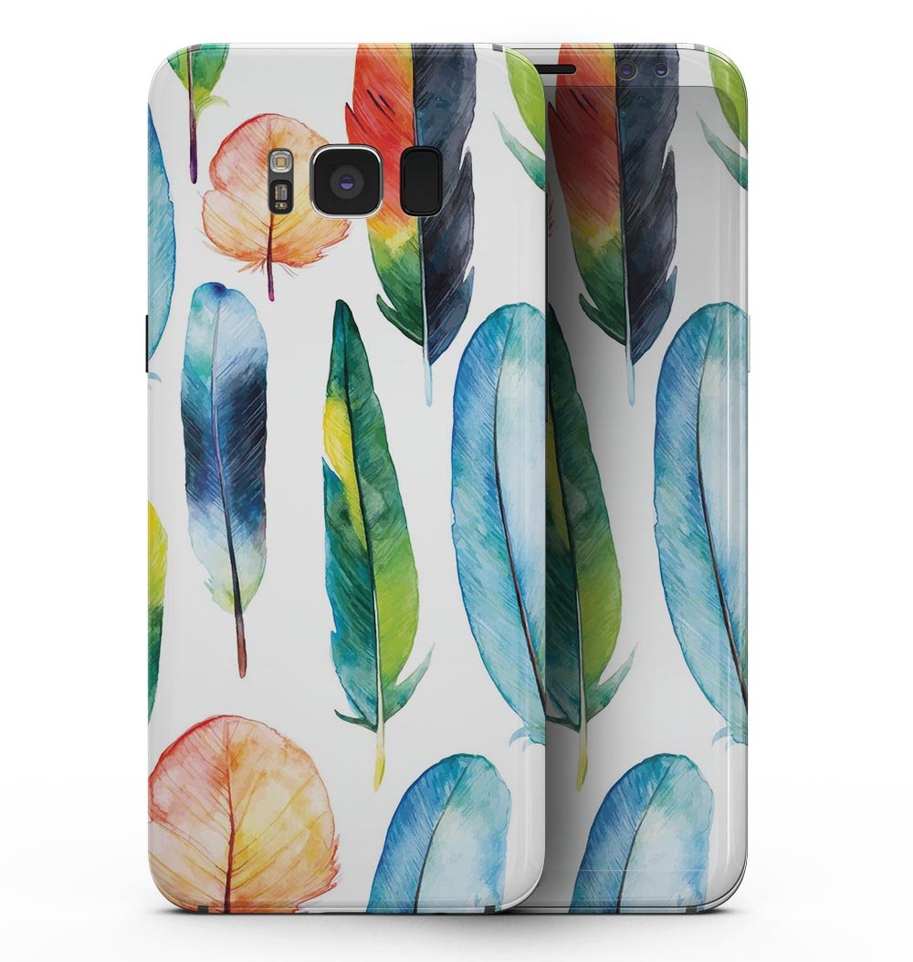 Bright Water Color Painted Feather skin for Samsung Galaxy S8, showcasing vibrant colors and intricate feather design.