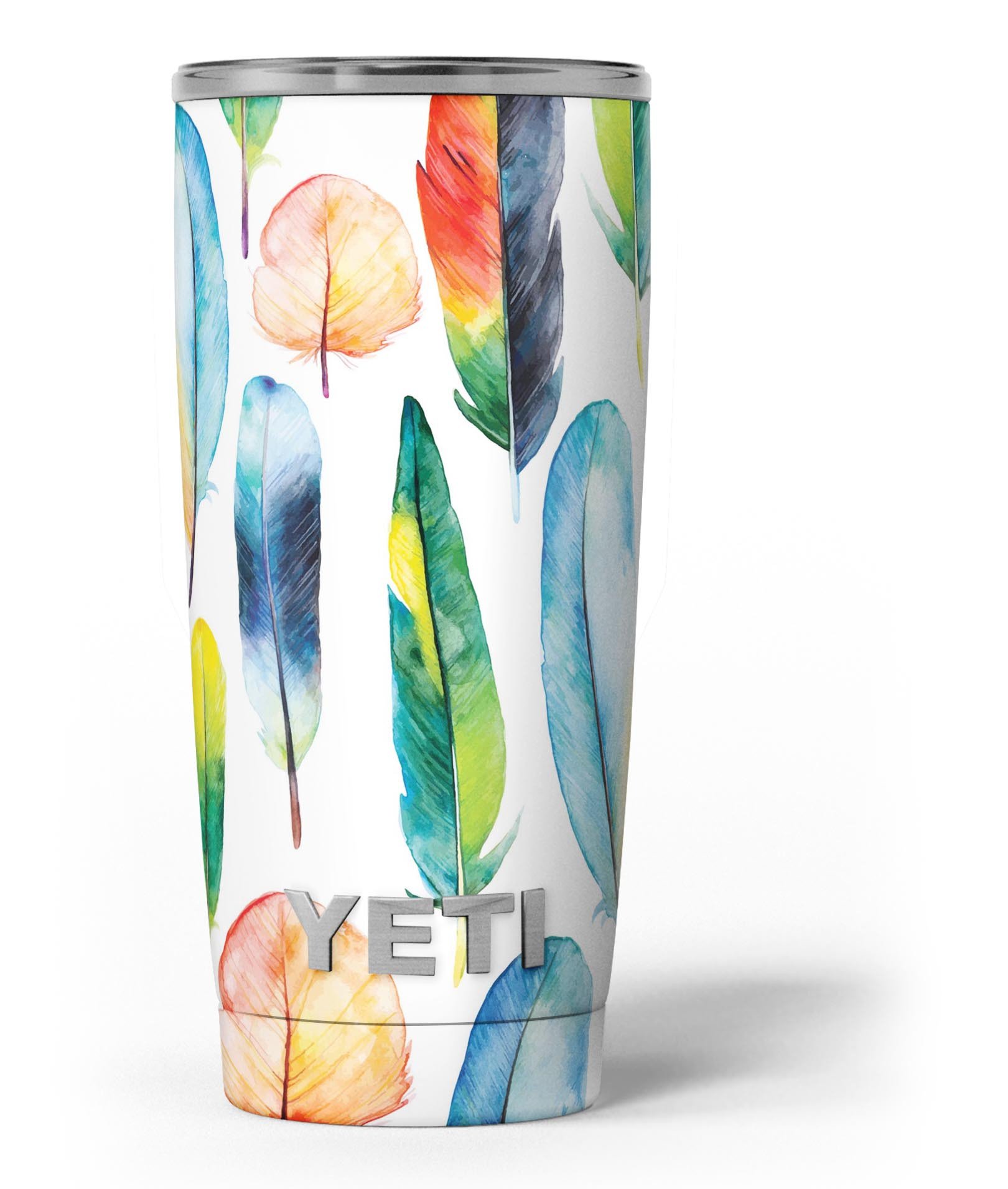 Bright Water Color Painted Feather skin decal vinyl wrap kit for Yeti Coolers, showcasing vibrant colors and a unique design.