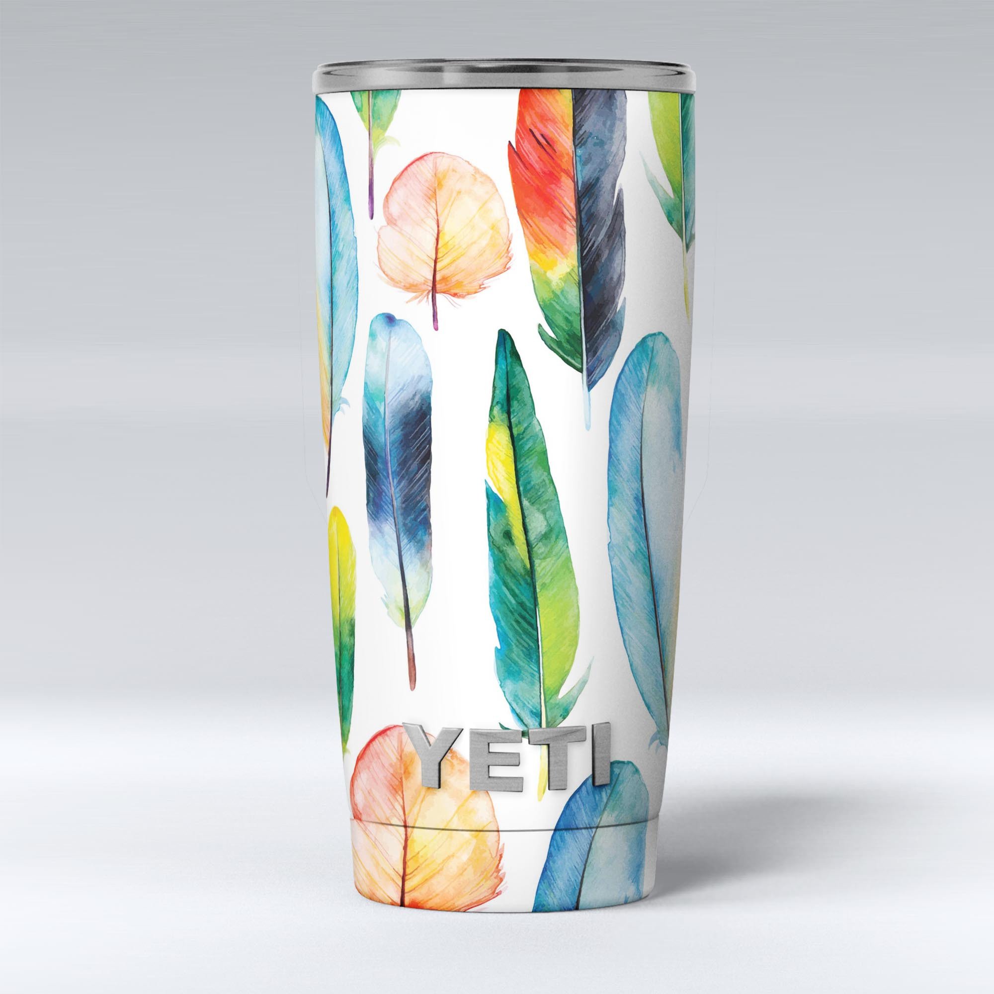 Bright Water Color Painted Feather skin decal vinyl wrap kit for Yeti Coolers, showcasing vibrant colors and a unique design.