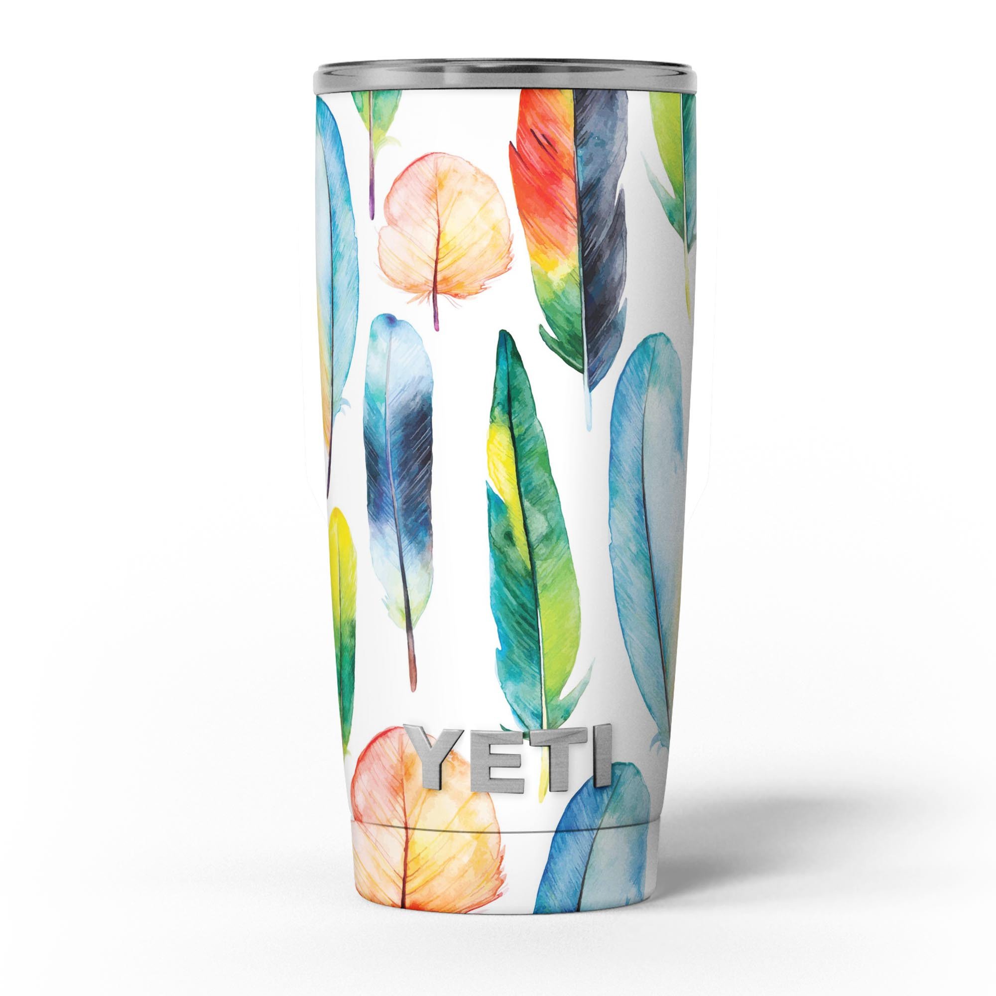 Bright Water Color Painted Feather skin decal vinyl wrap kit for Yeti Coolers, showcasing vibrant colors and a unique design.