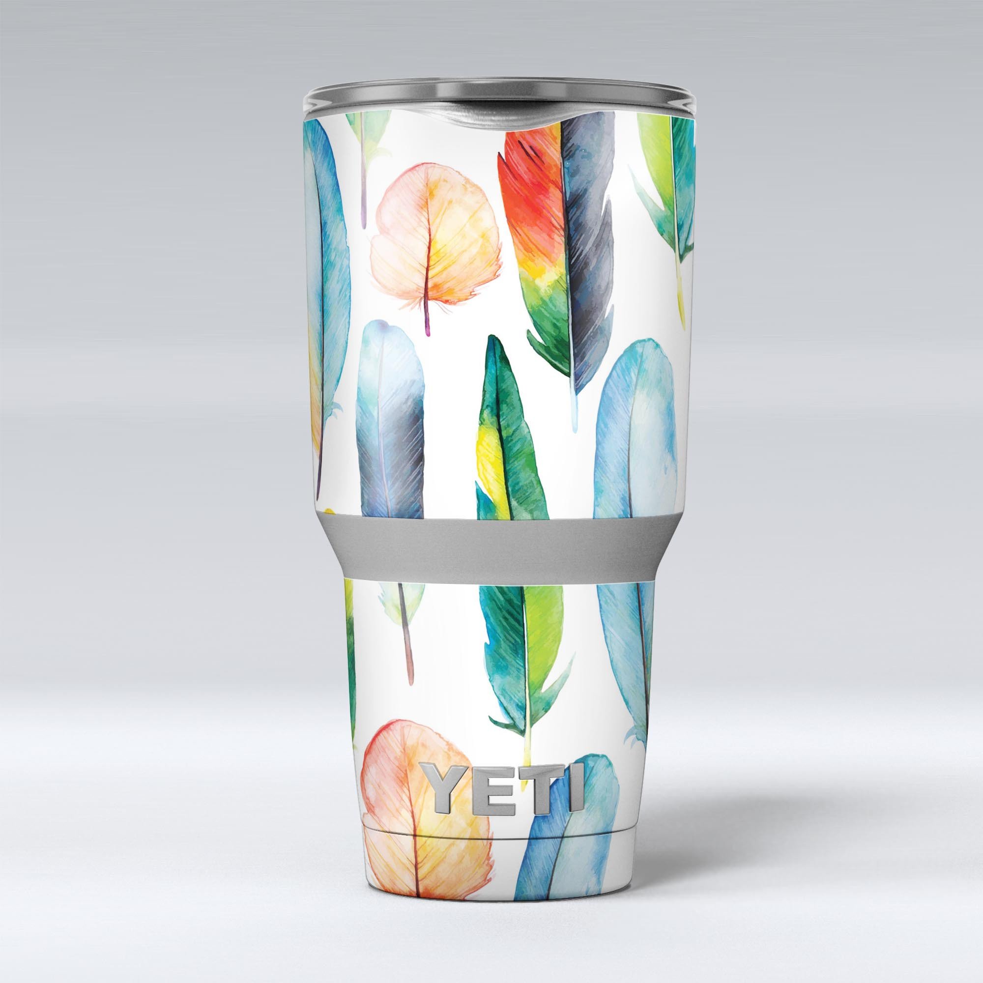 Bright Water Color Painted Feather skin decal vinyl wrap kit for Yeti Coolers, showcasing vibrant colors and a unique design.