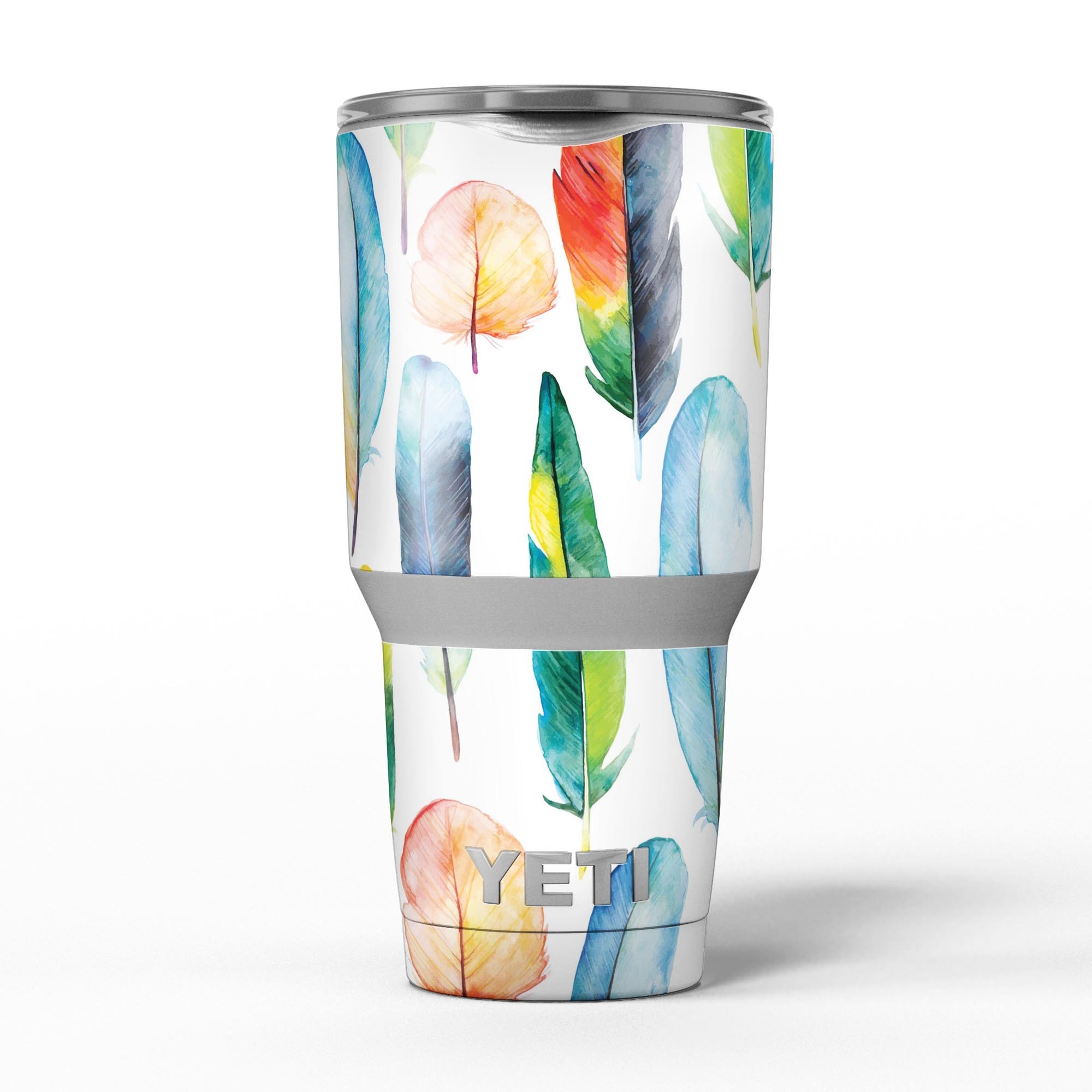 Bright Water Color Painted Feather skin decal vinyl wrap kit for Yeti Coolers, showcasing vibrant colors and a unique design.