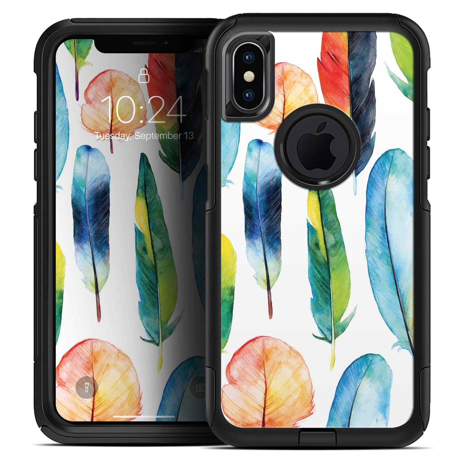 Bright Water Color Painted Feather Skin Kit for iPhone OtterBox, showcasing vibrant colors and a sleek design.