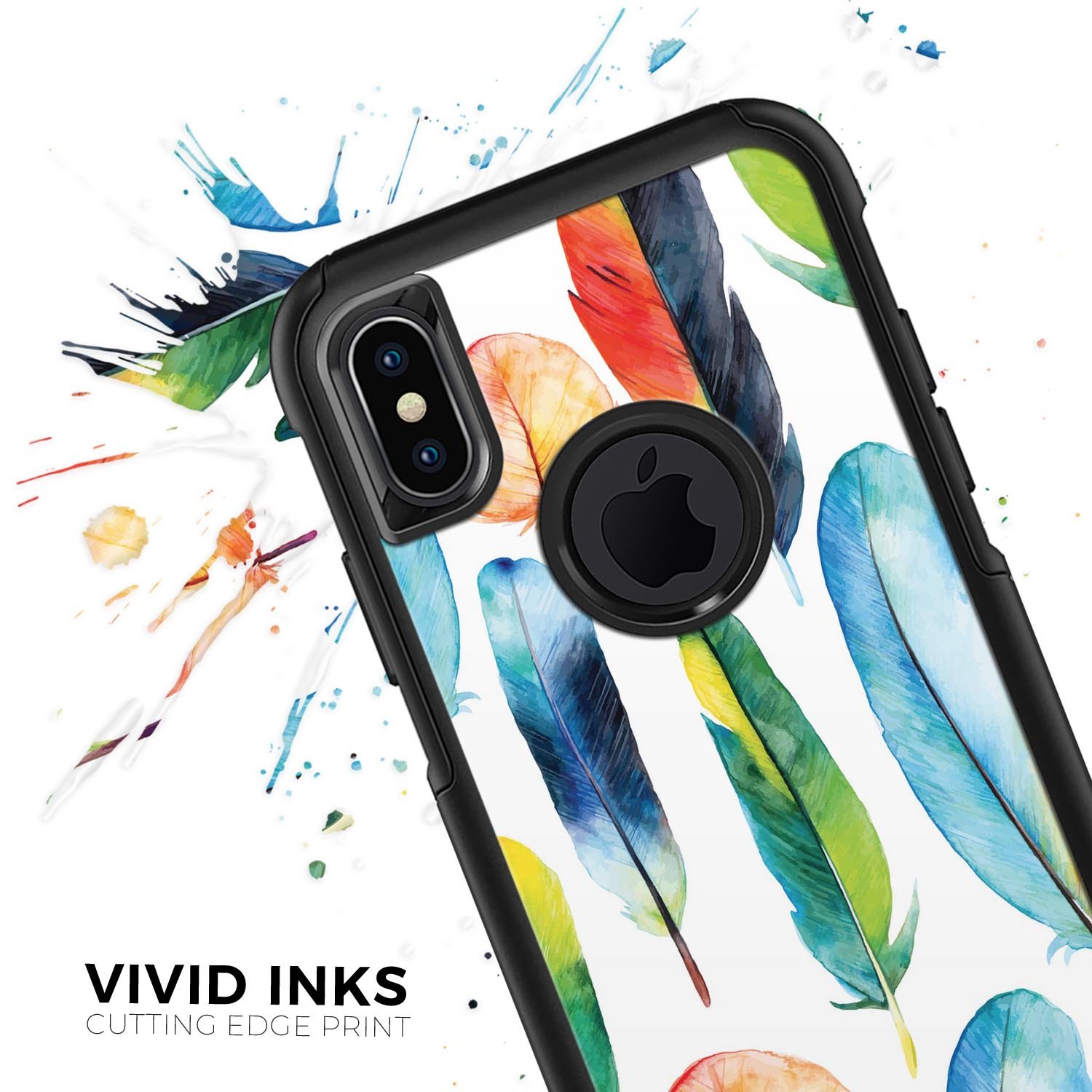 Bright Water Color Painted Feather Skin Kit for iPhone OtterBox, showcasing vibrant colors and a sleek design.