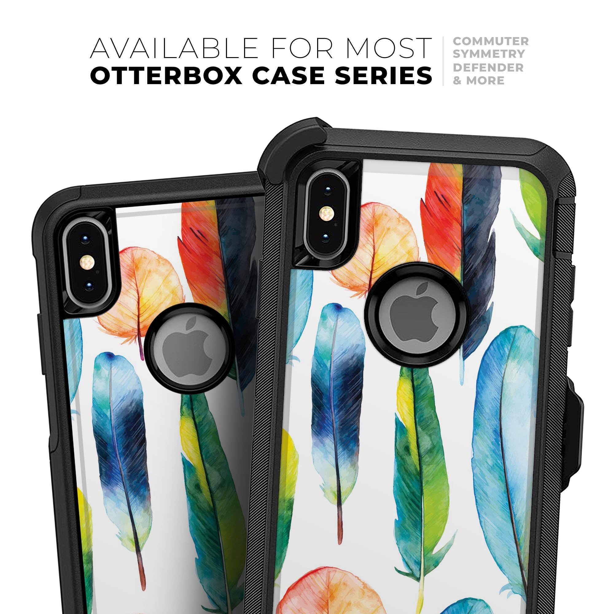 Bright Water Color Painted Feather Skin Kit for iPhone OtterBox, showcasing vibrant colors and a sleek design.