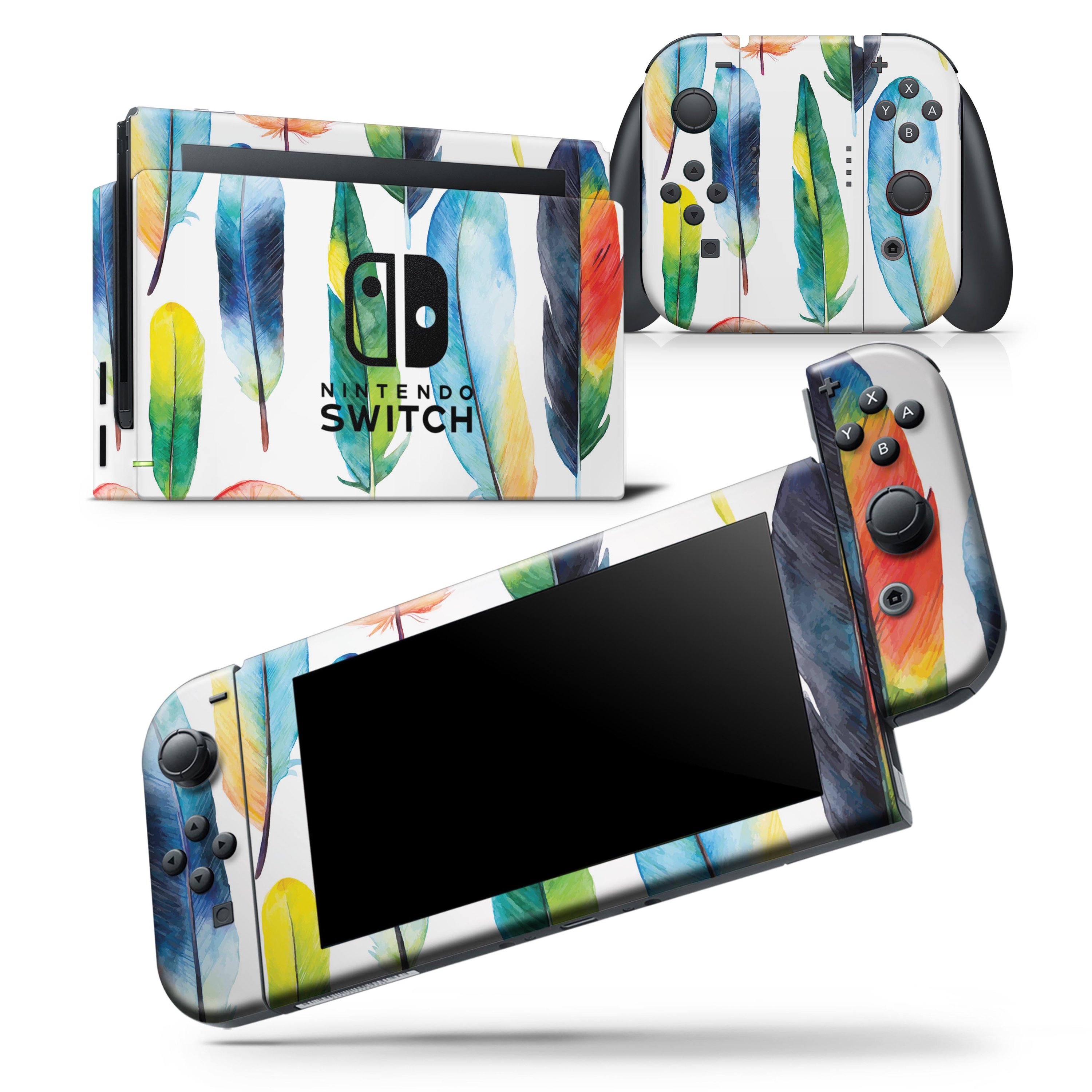 Bright Water Color Painted Feather skin wrap decal for Nintendo Switch, showcasing vibrant colors and intricate feather patterns.