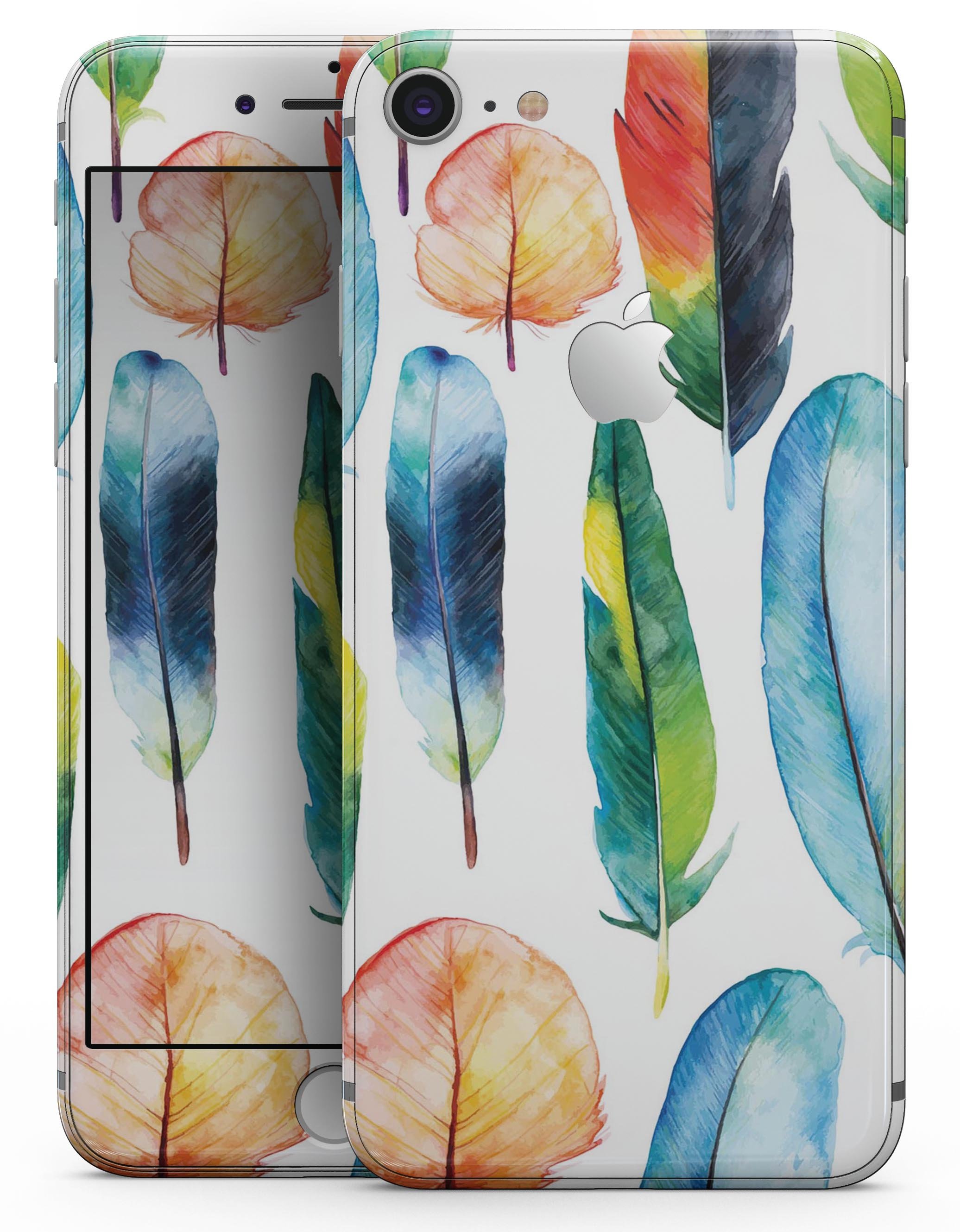 Bright Water Color Painted Feather skin for iPhone 8 and 8 Plus, showcasing vibrant colors and a stylish design.