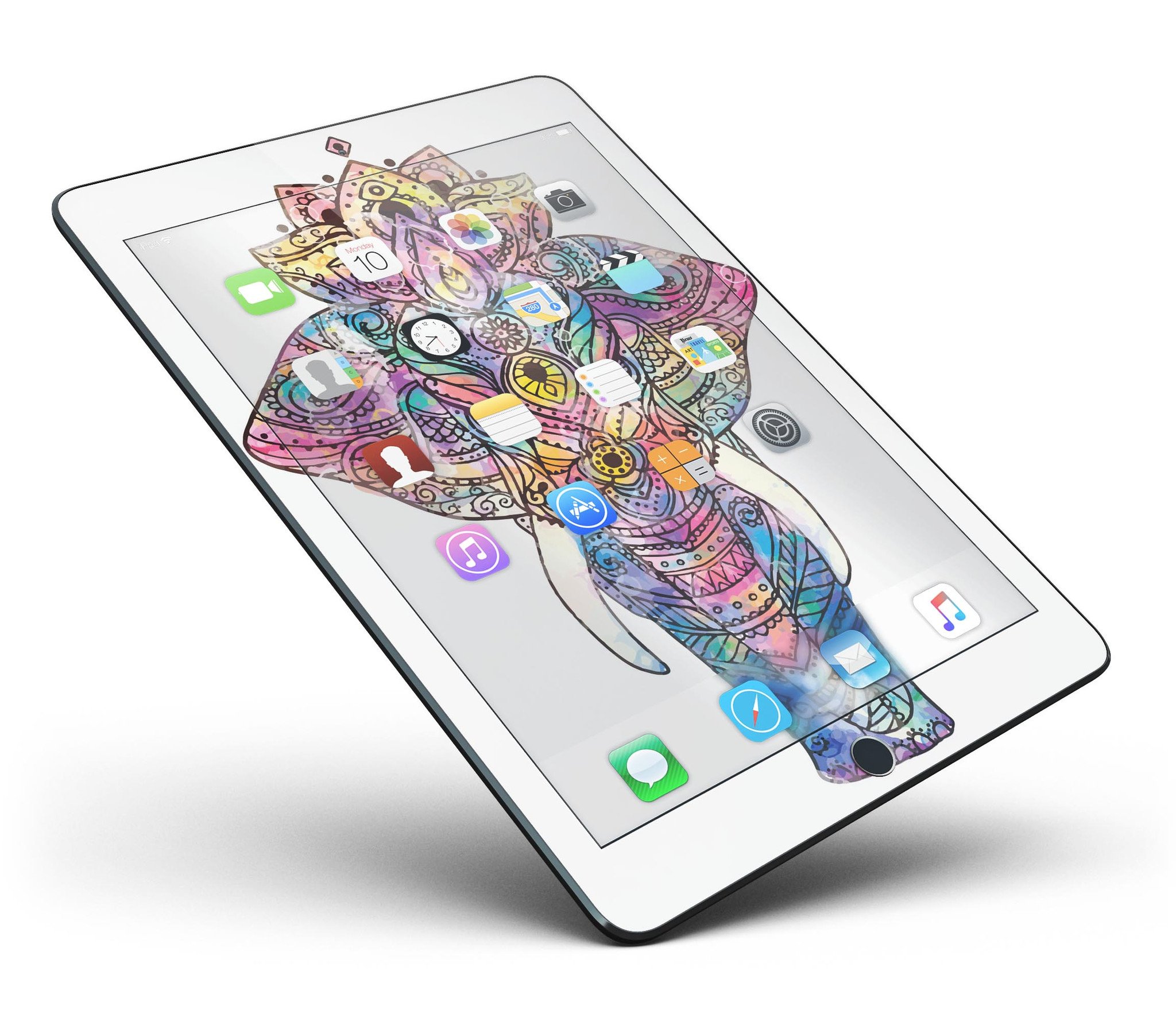 Bright Watercolor Ethnic Elephant Full Body Skin for iPad Pro, showcasing vibrant colors and intricate design.