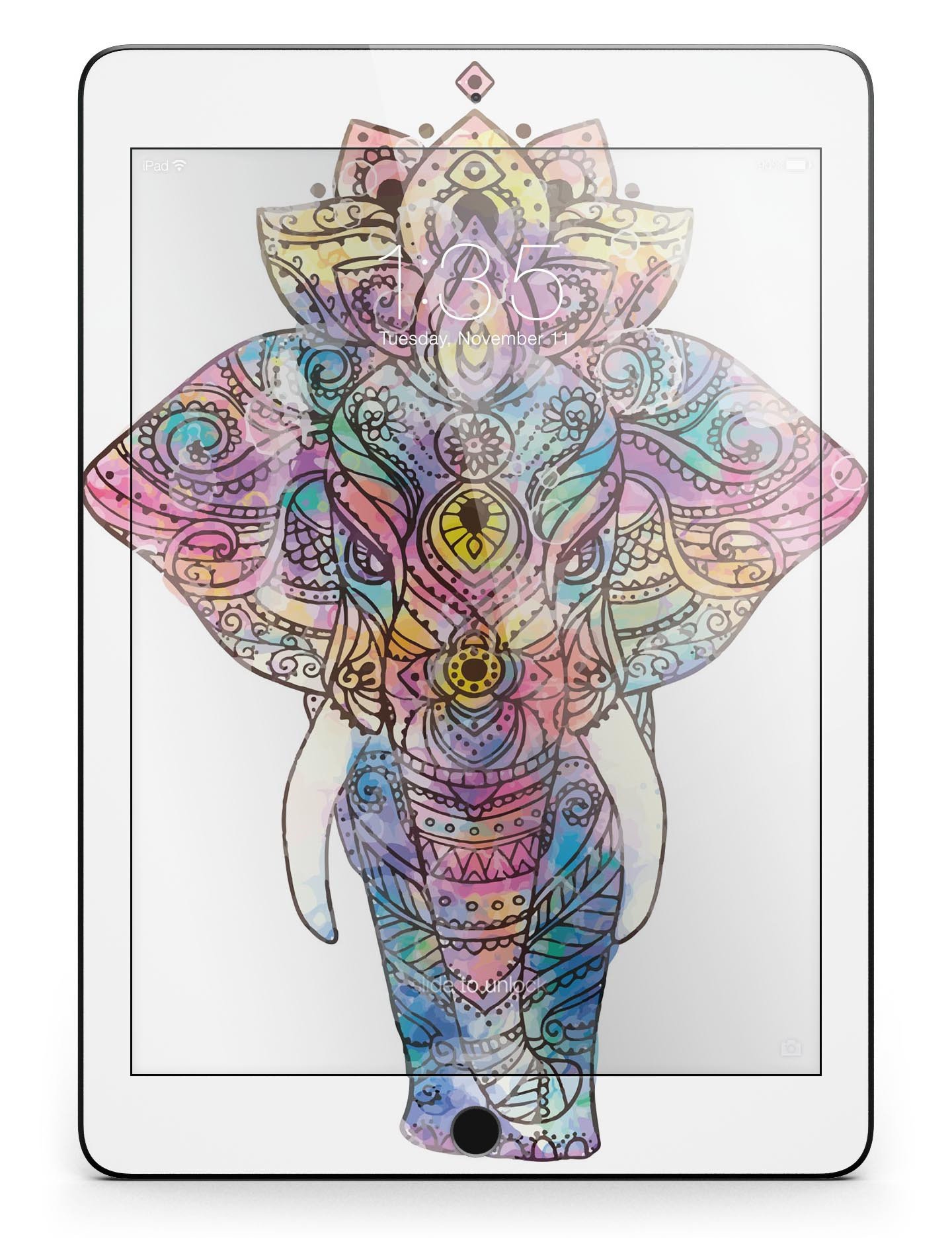 Bright Watercolor Ethnic Elephant Full Body Skin for iPad Pro, showcasing vibrant colors and intricate design.