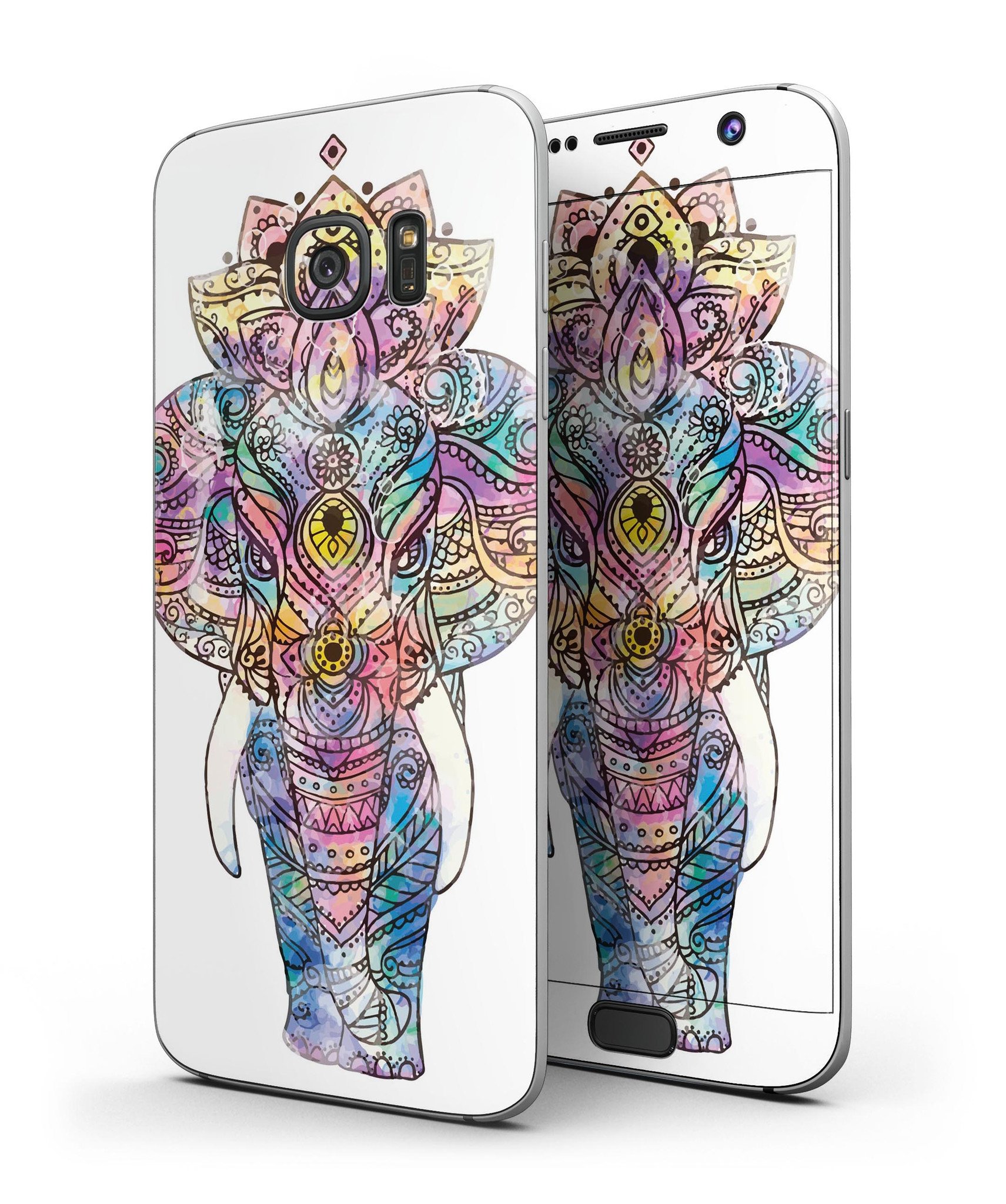 Bright Watercolor Ethnic Elephant skin kit for Samsung Galaxy S7/S7 Edge, showcasing vibrant colors and intricate design.