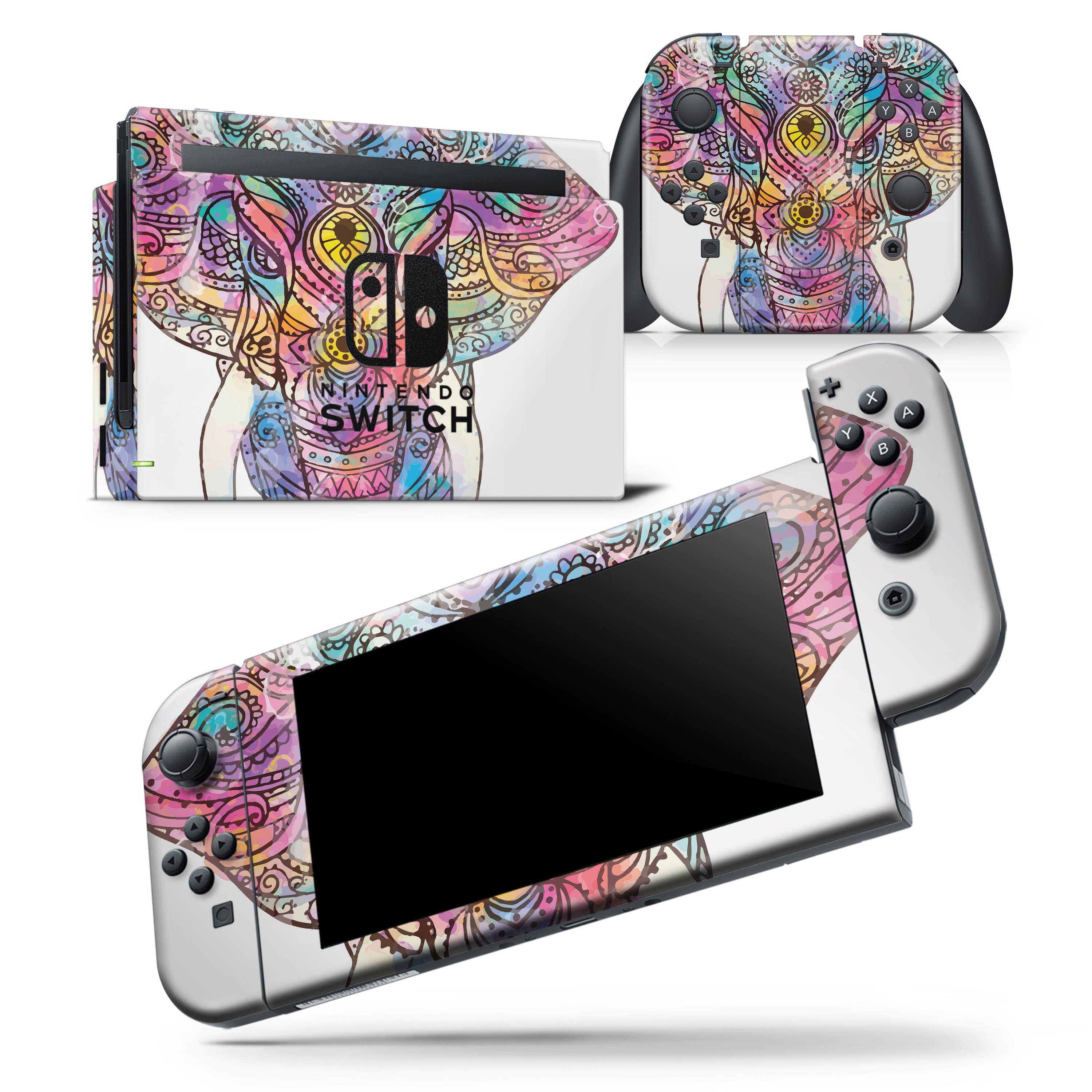 Bright Watercolor Ethnic Elephant skin wrap decal for Nintendo Switch, showcasing vibrant colors and intricate design.