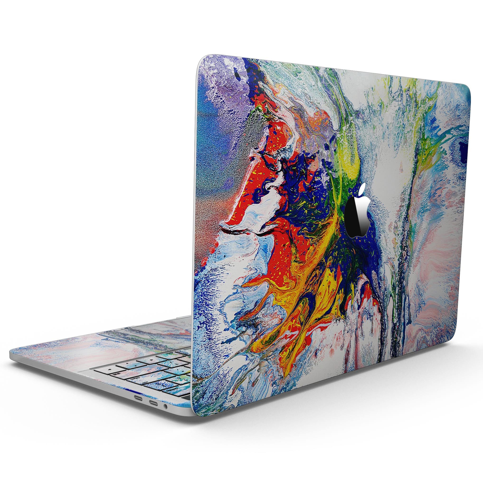 Bright White and Primary Color Paint Explosion skin for 13" MacBook Pro, showcasing vibrant colors and a sleek design.