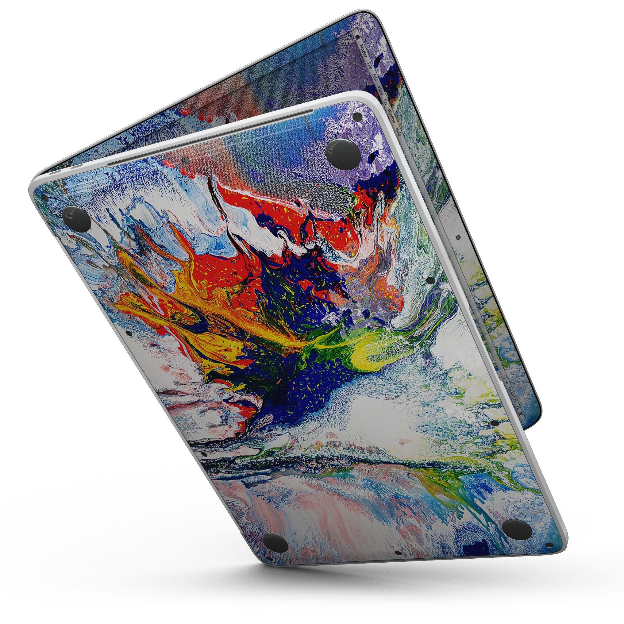 Bright White and Primary Color Paint Explosion skin for 13" MacBook Pro, showcasing vibrant colors and a sleek design.