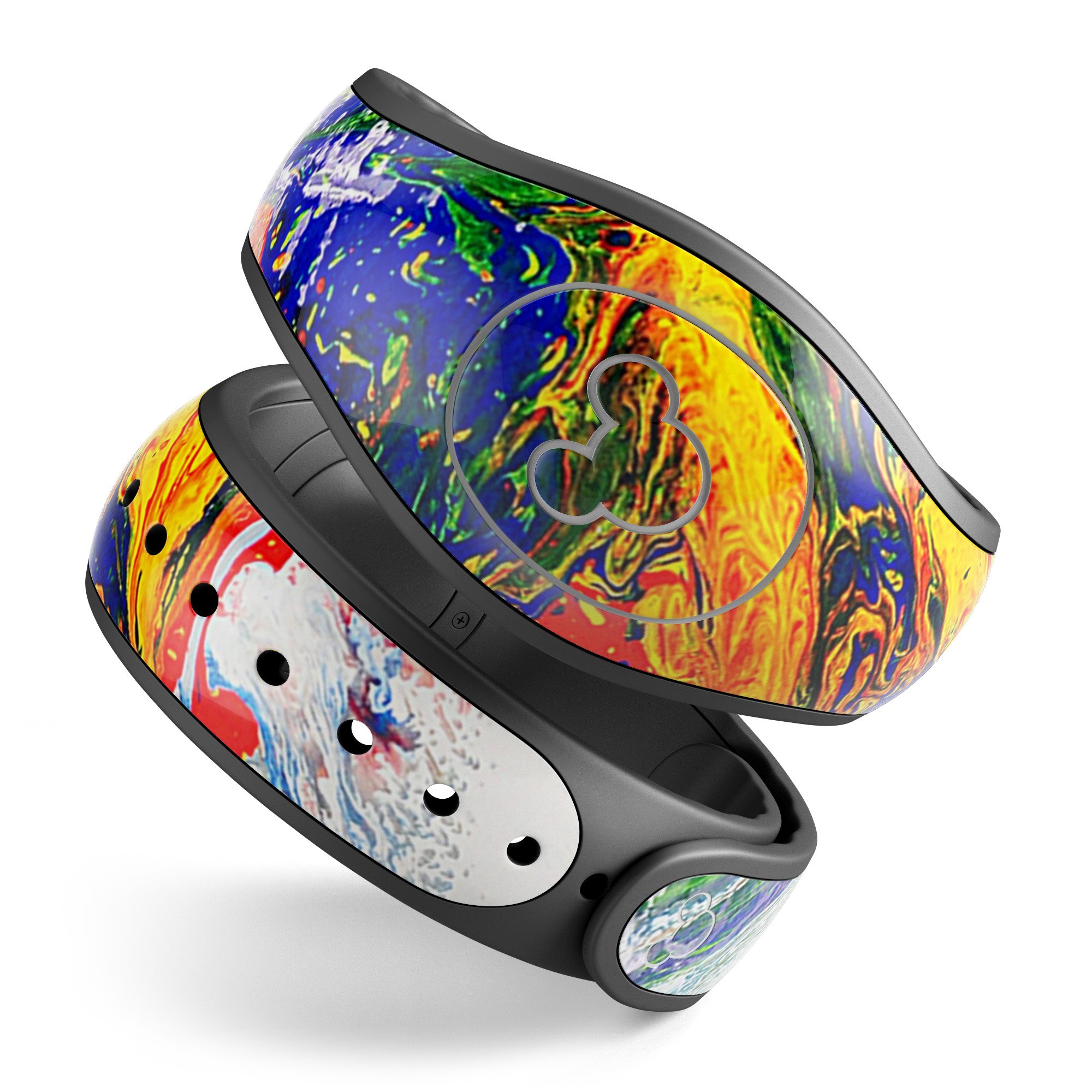 Bright White and Primary Color Paint Explosion decal skin wrap kit for Disney Magic Band, showcasing vibrant colors and high-quality finish.