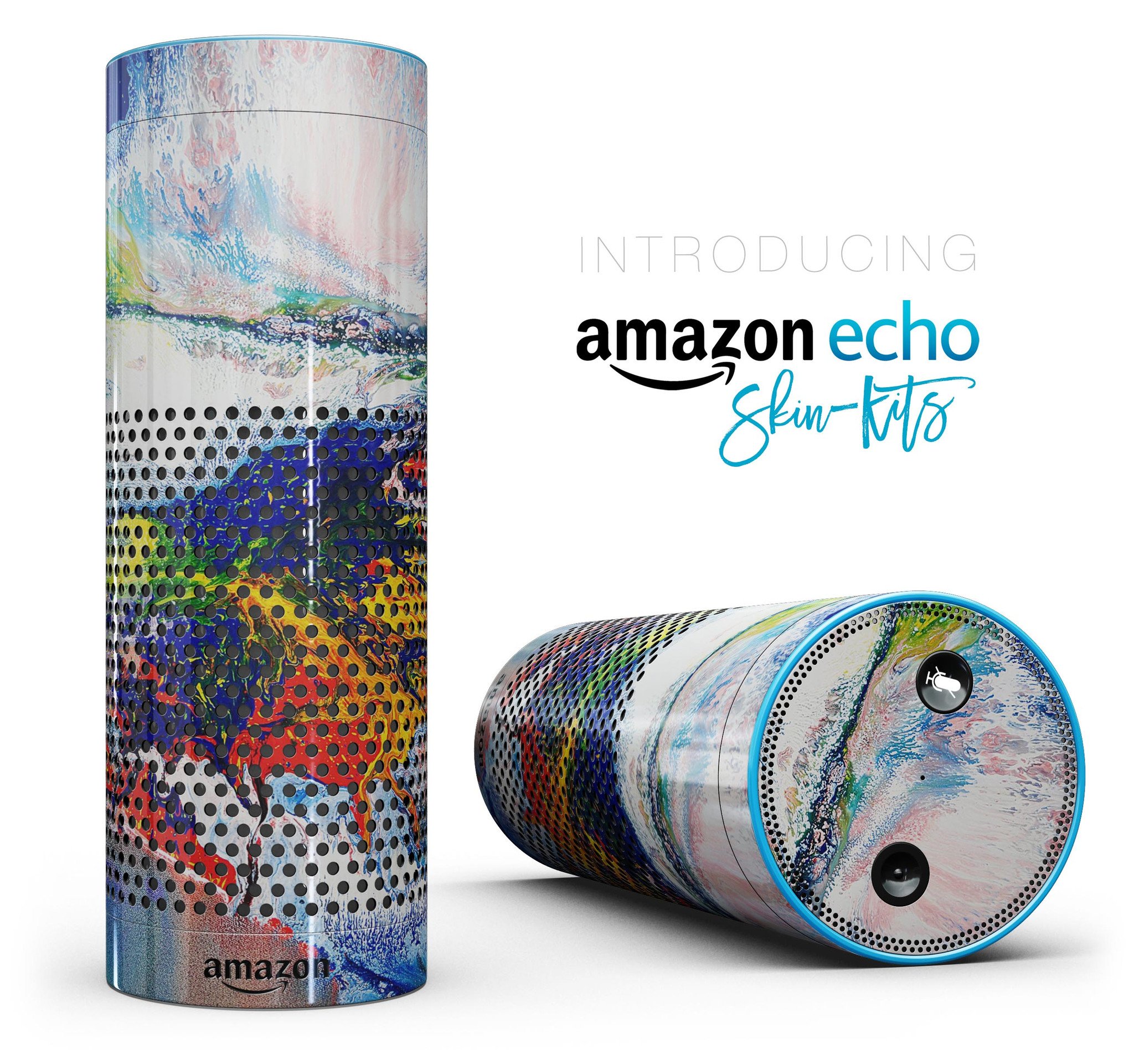 Bright White and Primary Color Paint Explosion Skin-Kit for Amazon Echo, showcasing vibrant colors and precise cut design.