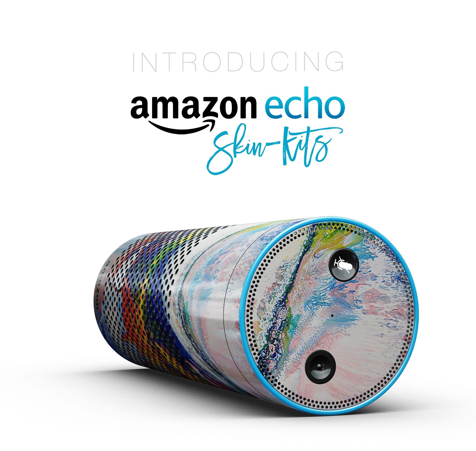 Bright White and Primary Color Paint Explosion Skin-Kit for Amazon Echo, showcasing vibrant colors and precise cut design.