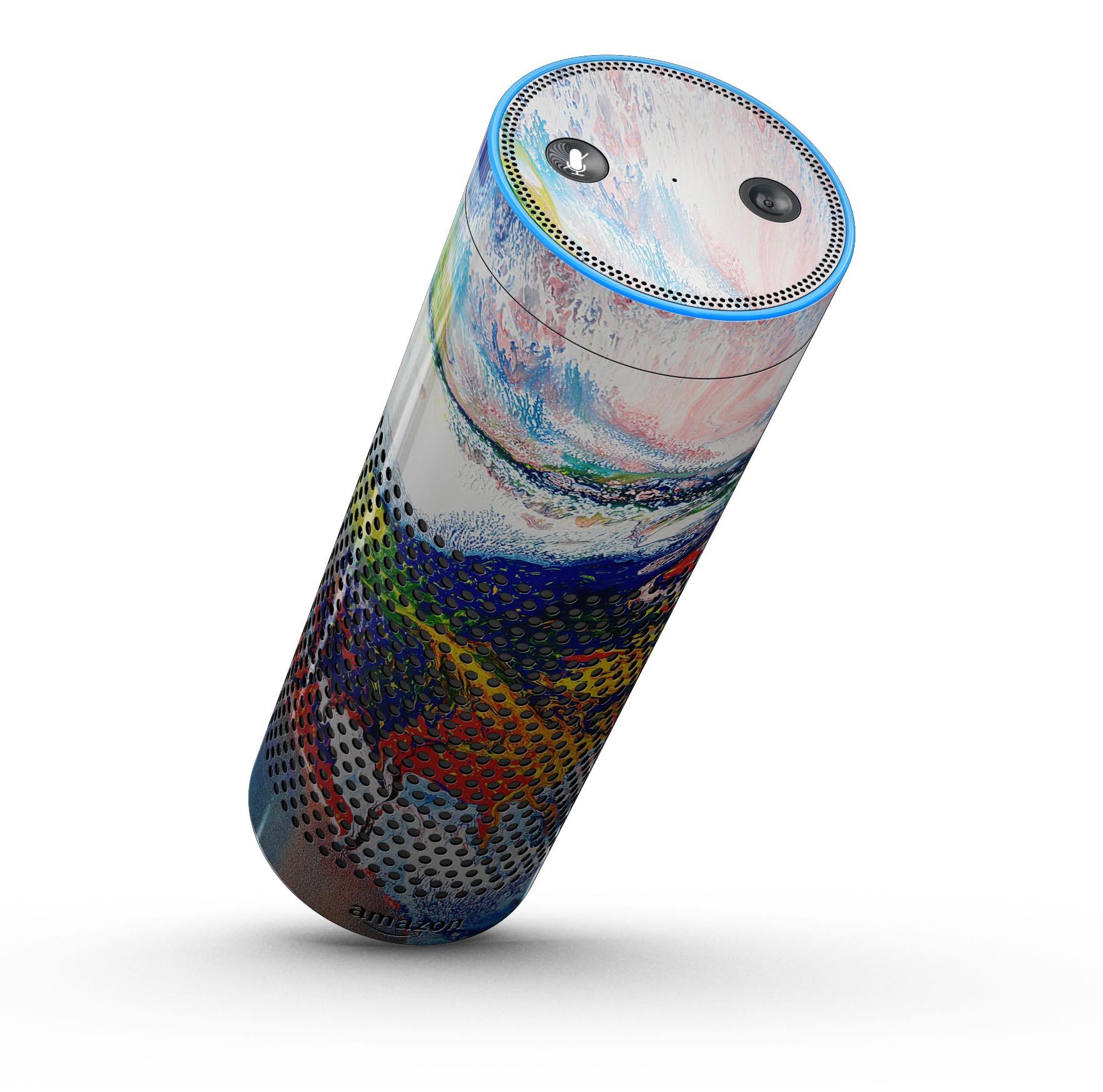 Bright White and Primary Color Paint Explosion Skin-Kit for Amazon Echo, showcasing vibrant colors and precise cut design.