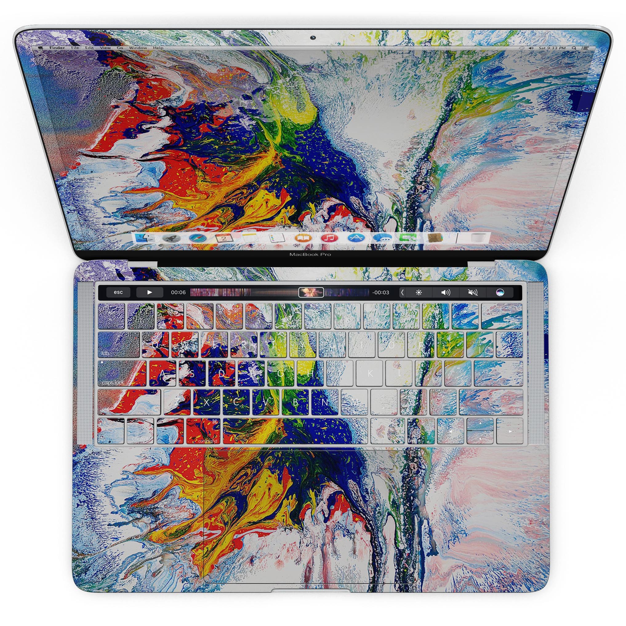 Bright White and Primary Color Paint Explosion skin for MacBook Pro, showcasing vibrant colors and a sleek design.