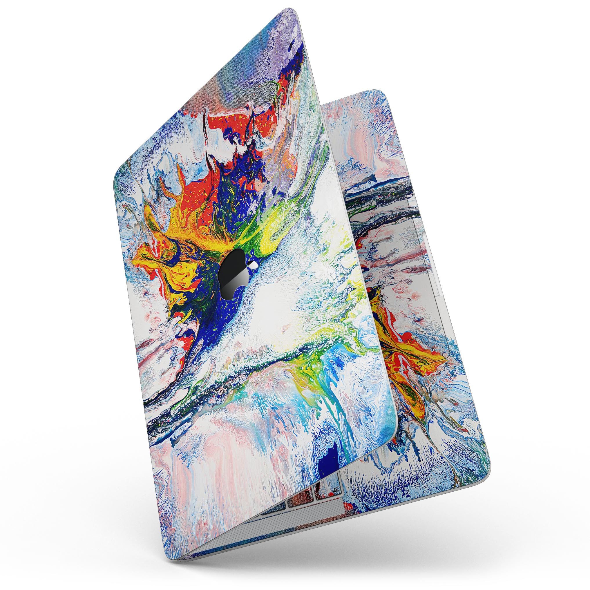 Bright White and Primary Color Paint Explosion skin for MacBook Pro, showcasing vibrant colors and a sleek design.