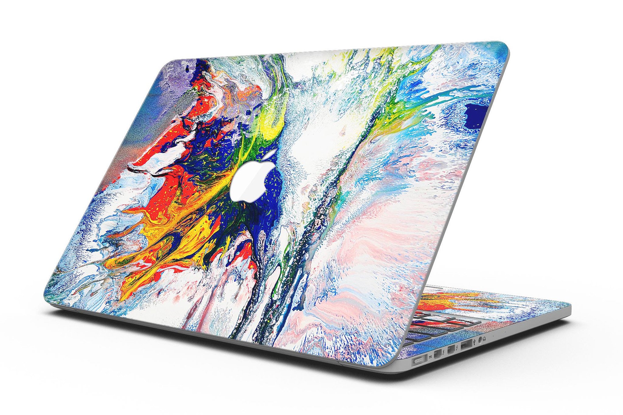 Bright White and Primary Color Paint Explosion skin for MacBook Pro, showcasing vibrant colors and a sleek design.