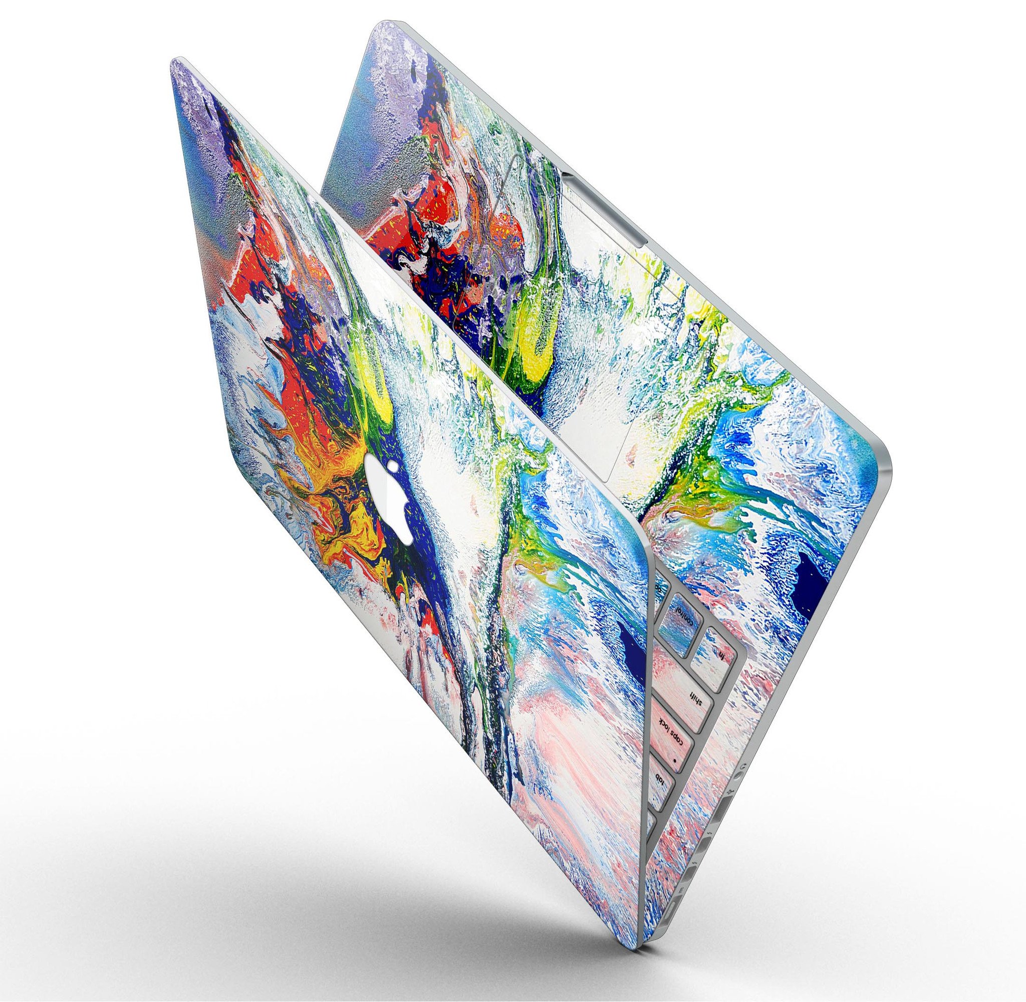 Bright White and Primary Color Paint Explosion skin for MacBook Pro, showcasing vibrant colors and a sleek design.