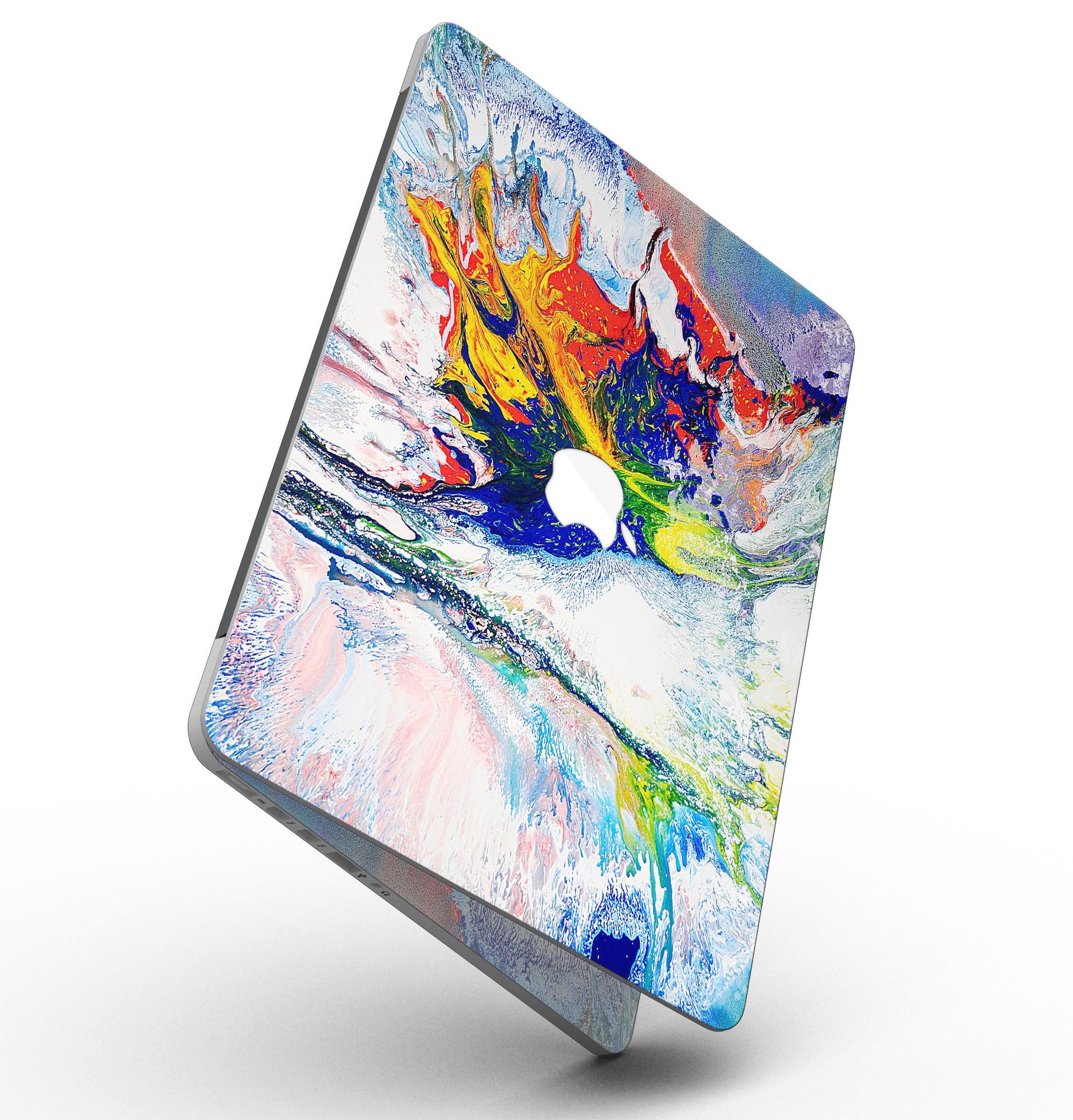 Bright White and Primary Color Paint Explosion skin for MacBook Pro, showcasing vibrant colors and a sleek design.