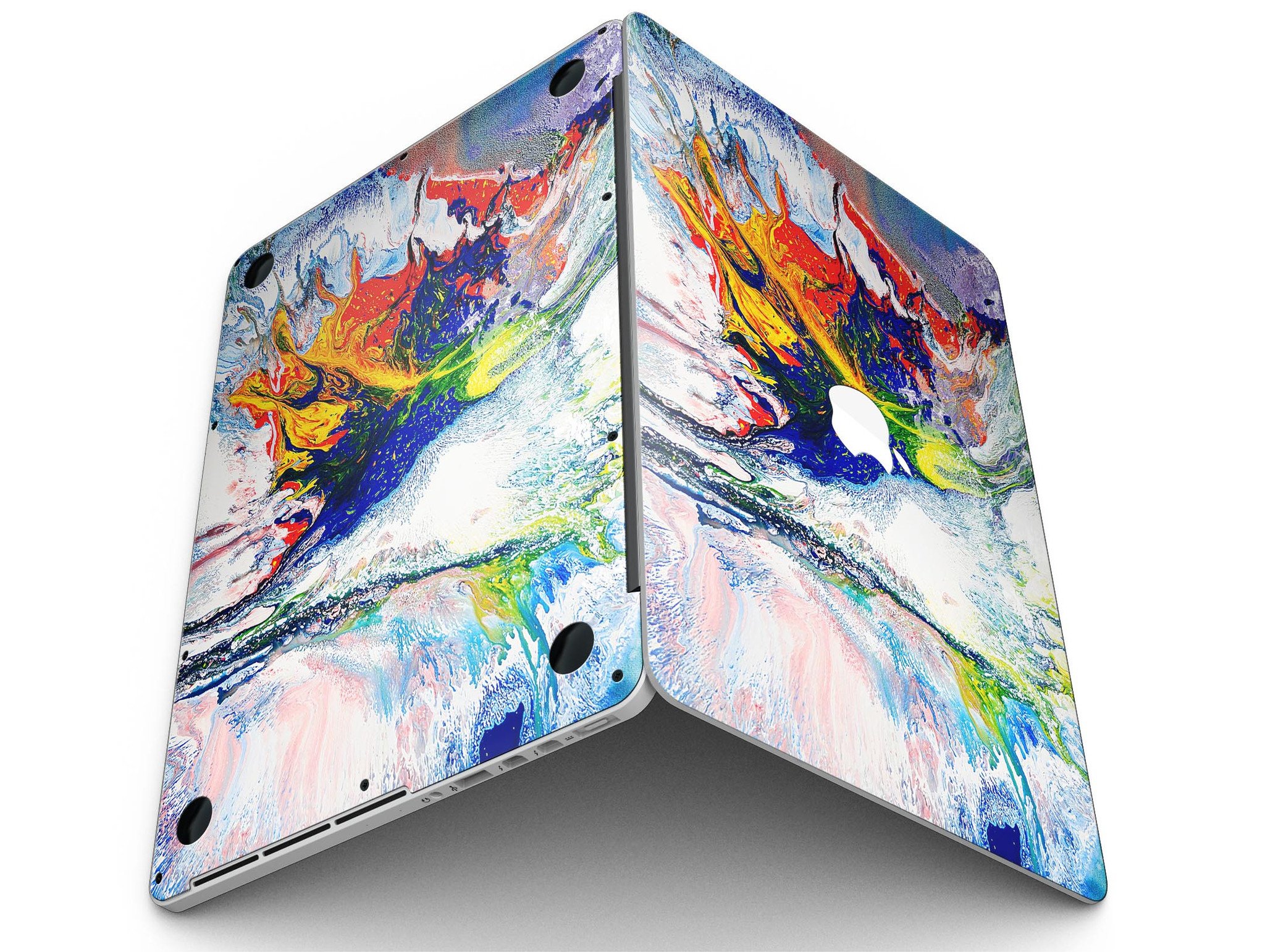 Bright White and Primary Color Paint Explosion skin for MacBook Pro, showcasing vibrant colors and a sleek design.