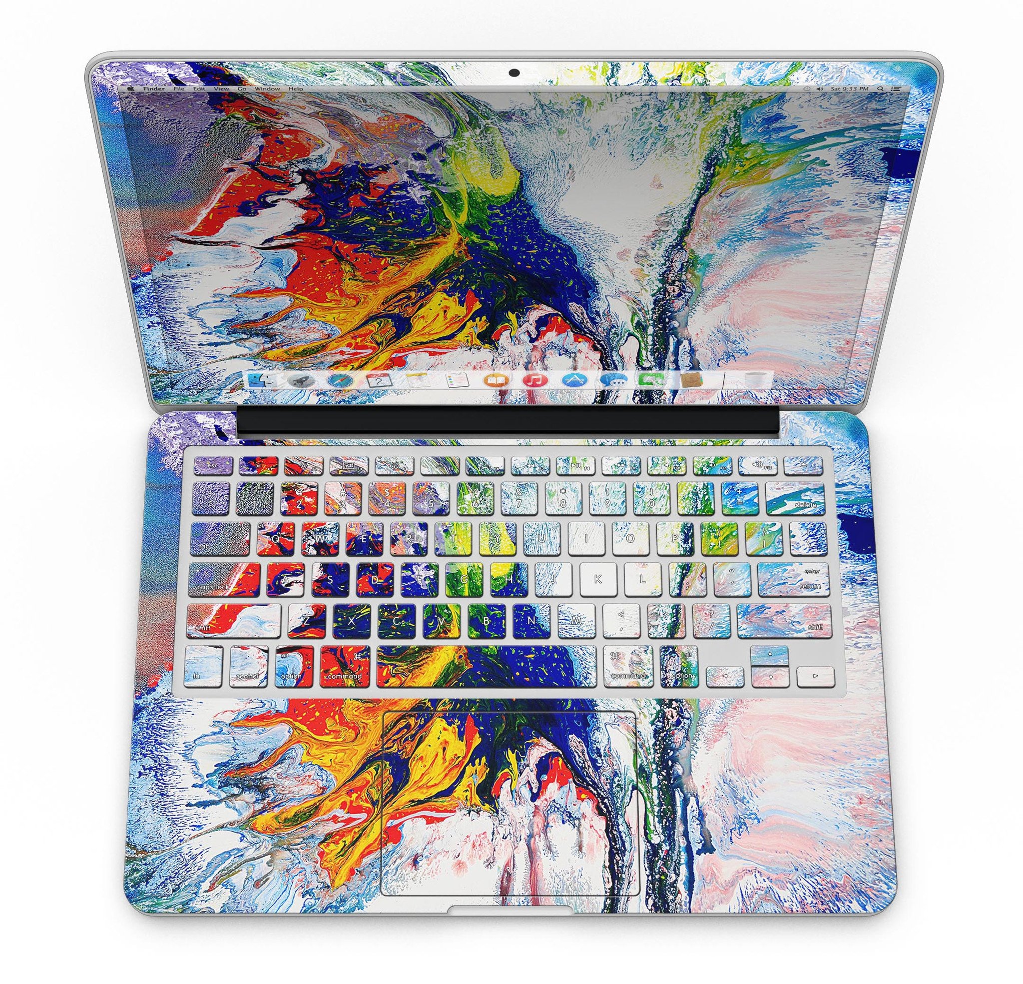 Bright White and Primary Color Paint Explosion skin for MacBook Pro, showcasing vibrant colors and a sleek design.