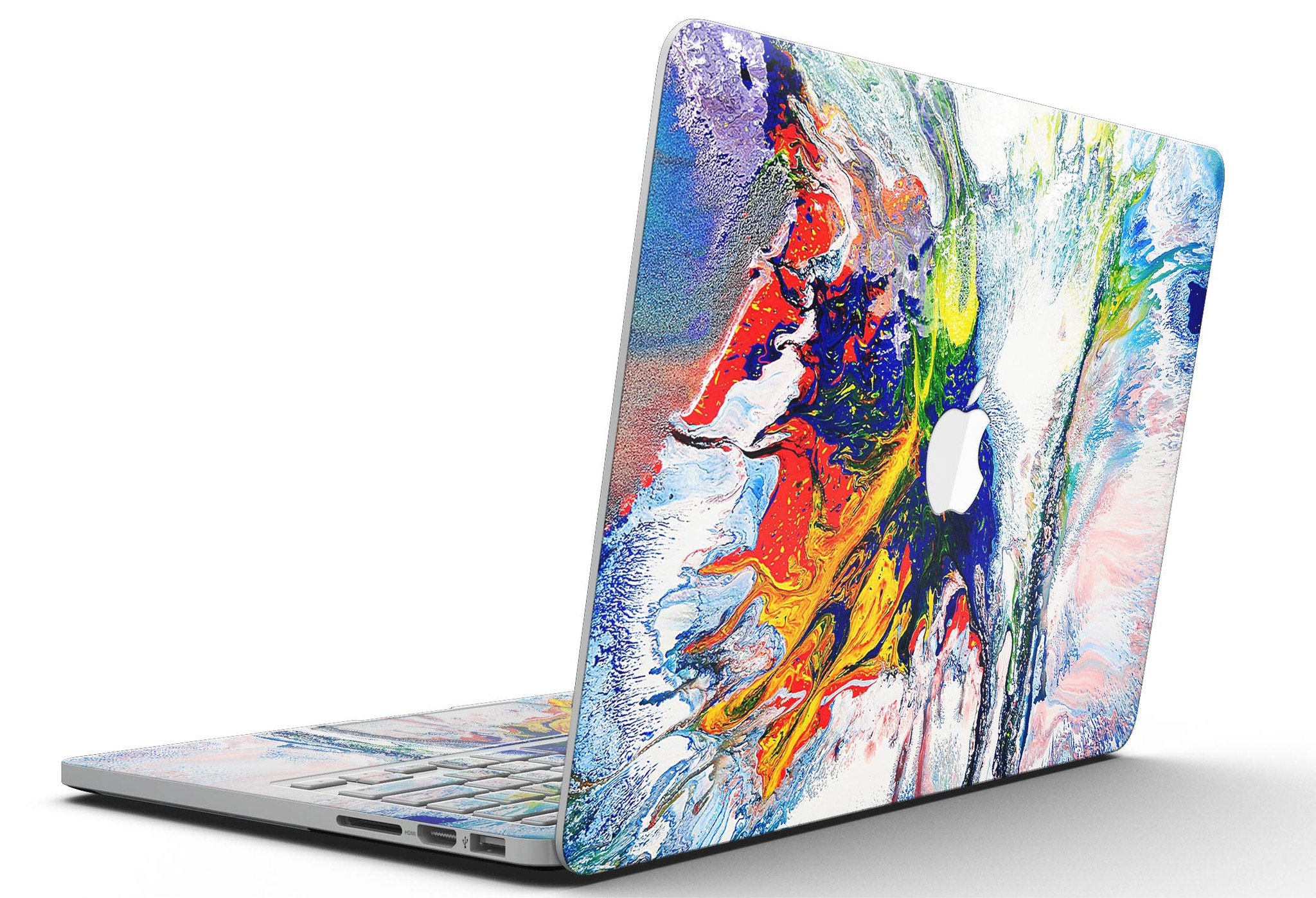 Bright White and Primary Color Paint Explosion skin for MacBook Pro, showcasing vibrant colors and a sleek design.