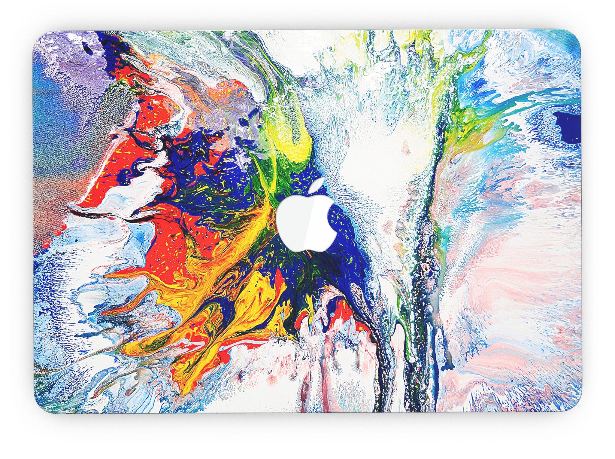 Bright White and Primary Color Paint Explosion skin for MacBook Pro, showcasing vibrant colors and a sleek design.