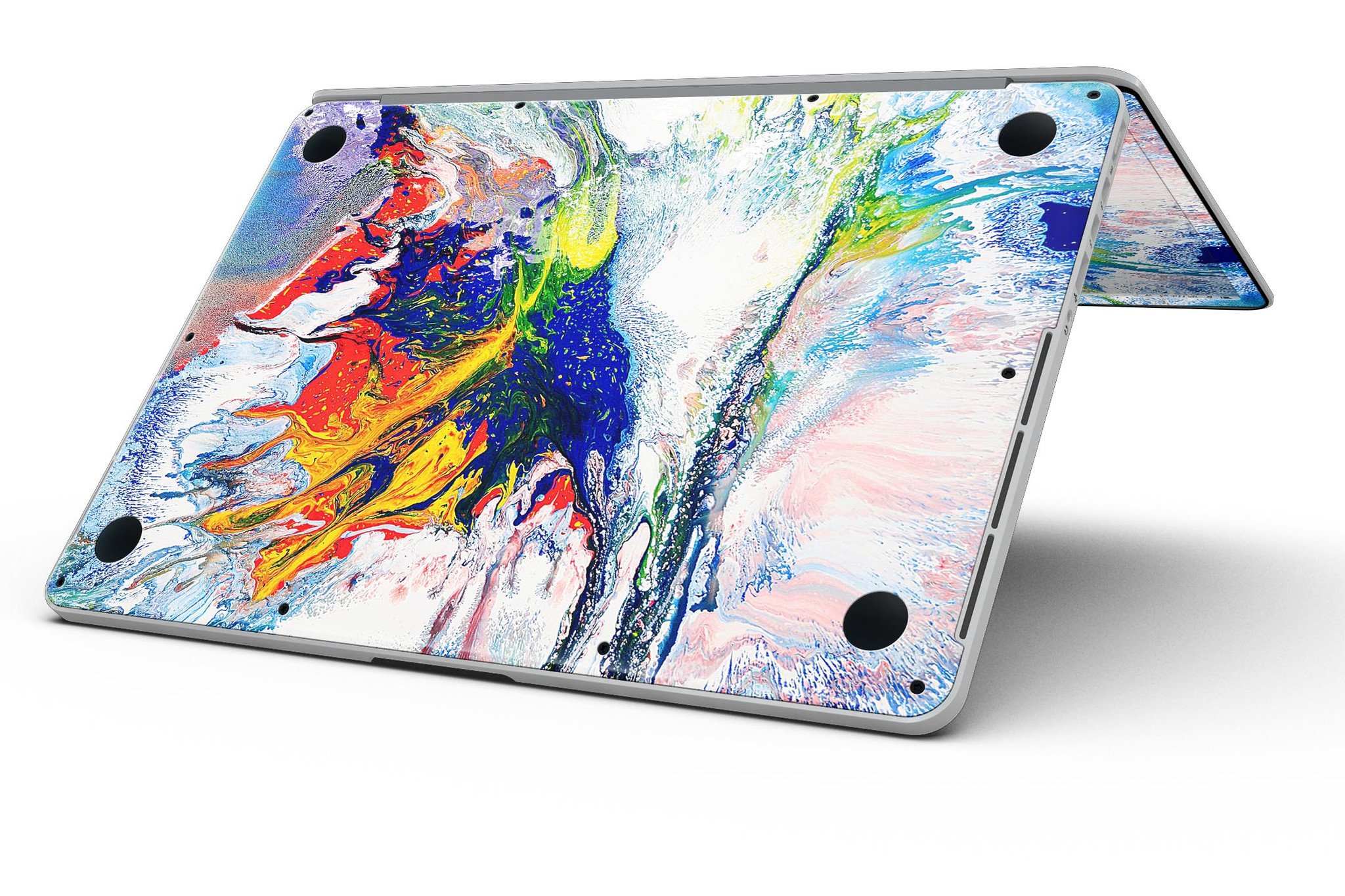 Bright White and Primary Color Paint Explosion skin for MacBook Pro, showcasing vibrant colors and a sleek design.