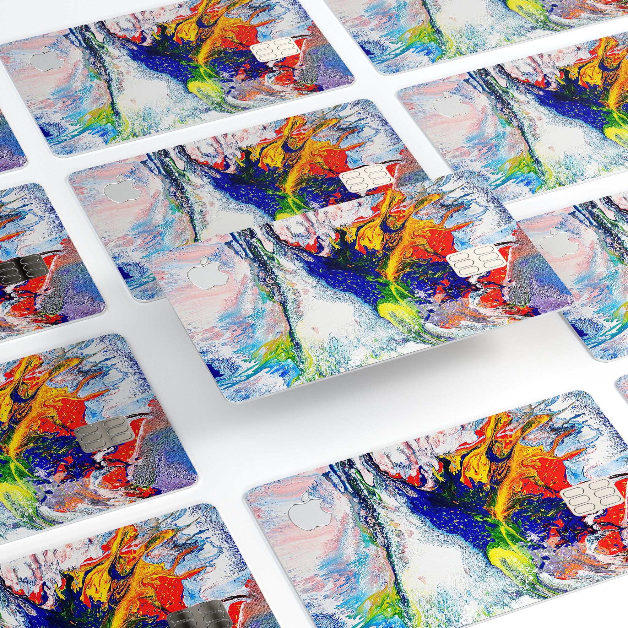 Bright White and Primary Color Paint Explosion skin for Apple Card, showcasing vibrant colors and a sleek design.