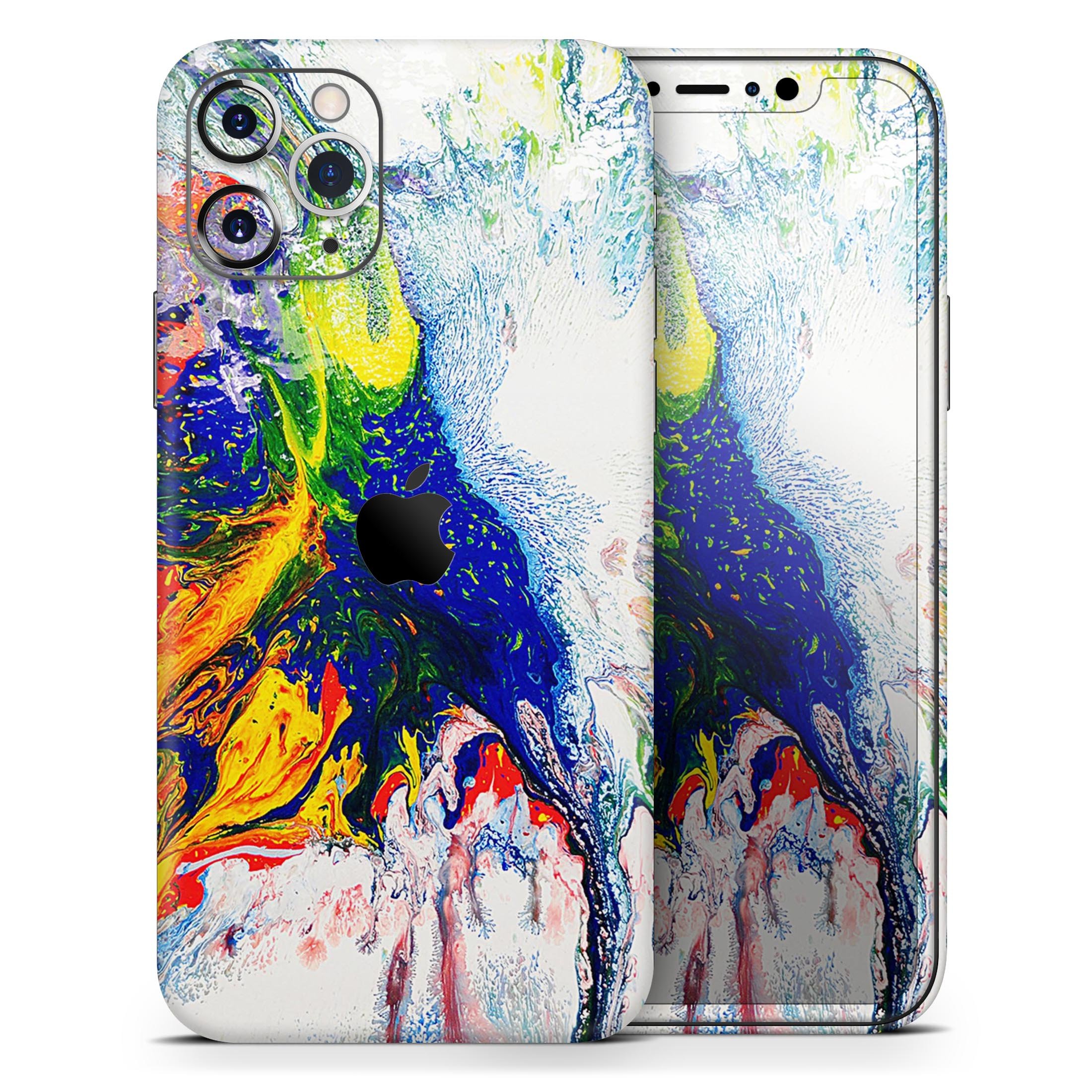 Bright White and Primary Color Paint Explosion Skin-Kit for iPhone 11, showcasing vibrant colors and a sleek design.