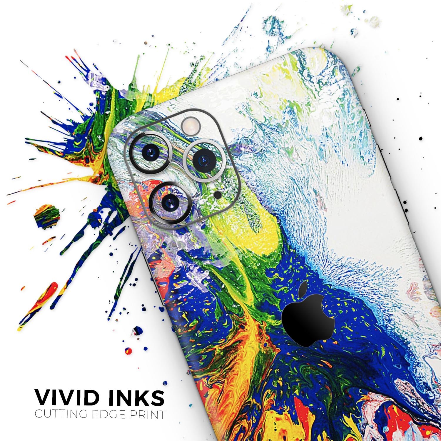 Bright White and Primary Color Paint Explosion Skin-Kit for iPhone 11, showcasing vibrant colors and a sleek design.