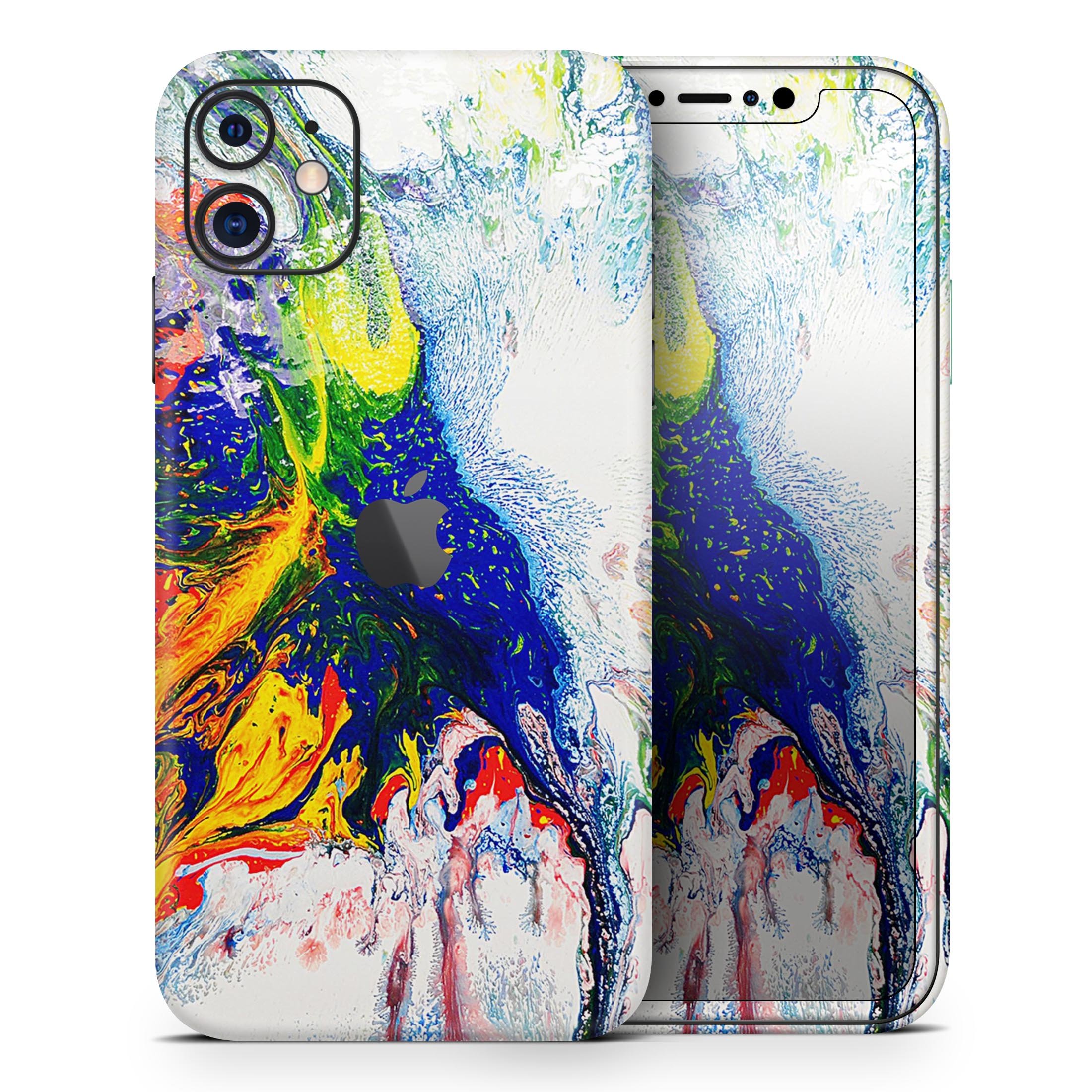 Bright White and Primary Color Paint Explosion Skin-Kit for iPhone 11, showcasing vibrant colors and a sleek design.