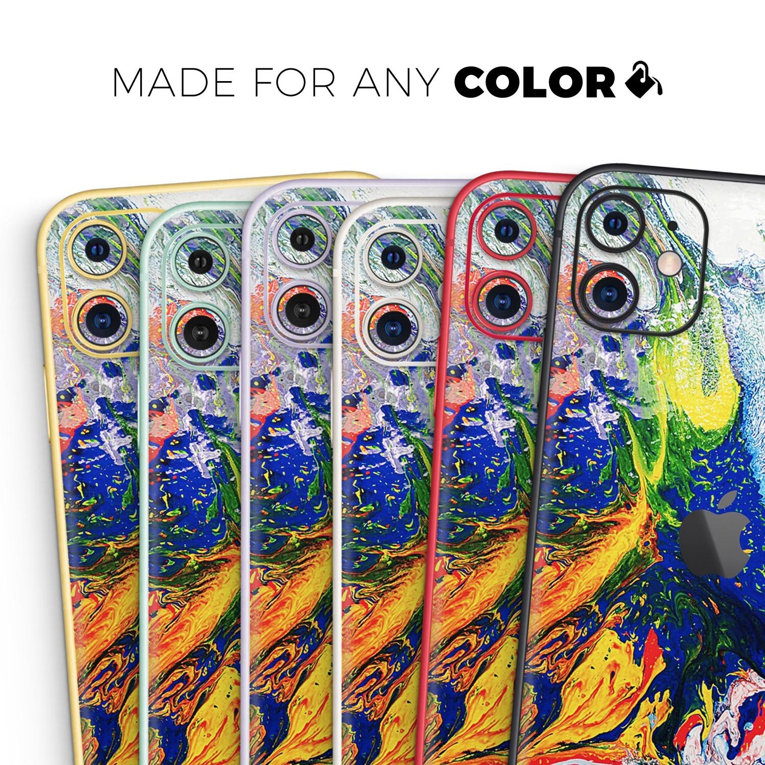 Bright White and Primary Color Paint Explosion Skin-Kit for iPhone 11, showcasing vibrant colors and a sleek design.