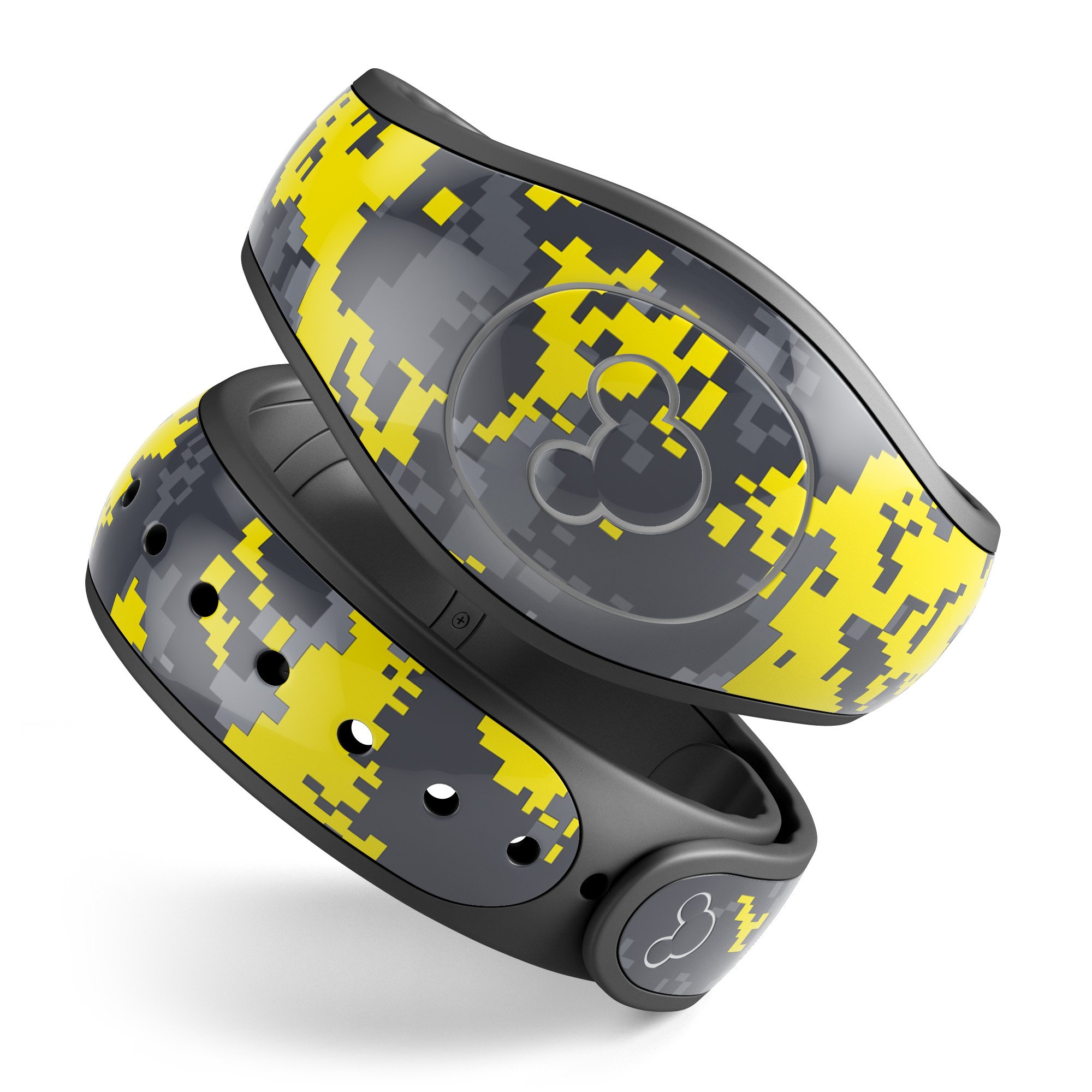 Bright Yellow and Gray Digital Camouflage skin wrap for Disney Magic Band, showcasing vibrant colors and modern design.